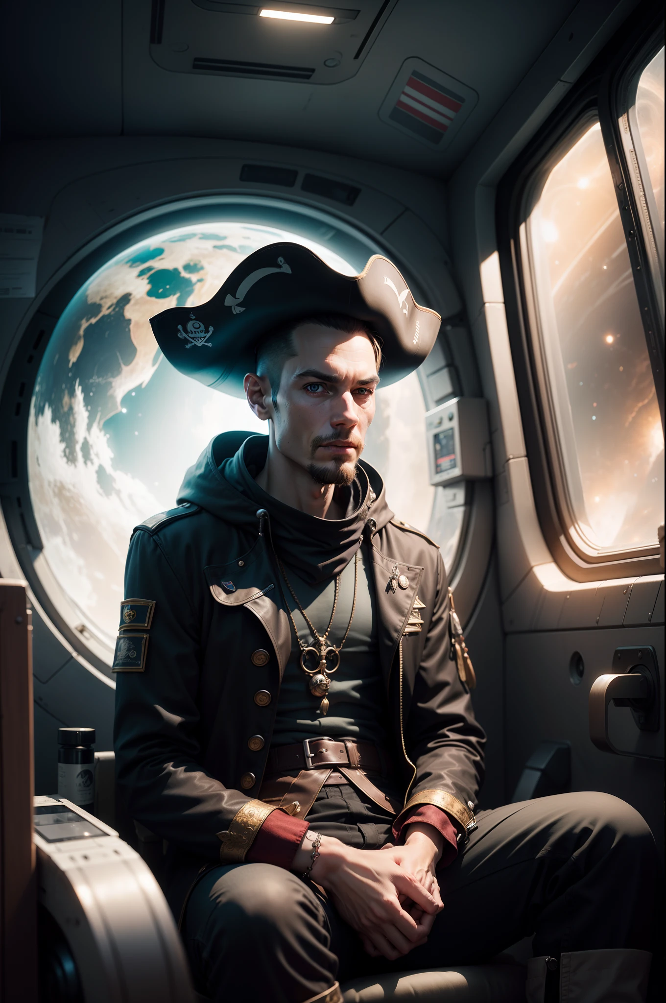 realistic photo of An alien wearing a pirate outfit and a pirate hat is sitting inside a spaceship in front of a window overlooking space photorealistic photorealism hyper realistic