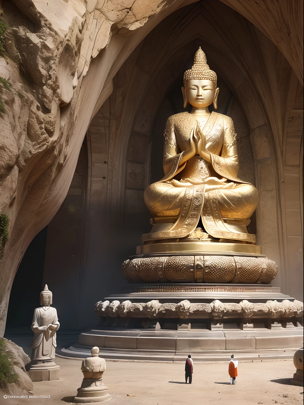 Buddha statue in a cave, Harmonious integration with nature, Several pilgrims stood in front of the Buddha statue with their heads bowed，(Best quality, A high resolution, Ultra-detailed), surrealism, 3D rendering of, Realistic texture, Cinematic lighting, lifelike skin, depth and dimensionality, Divine aura, tranquil ambiance