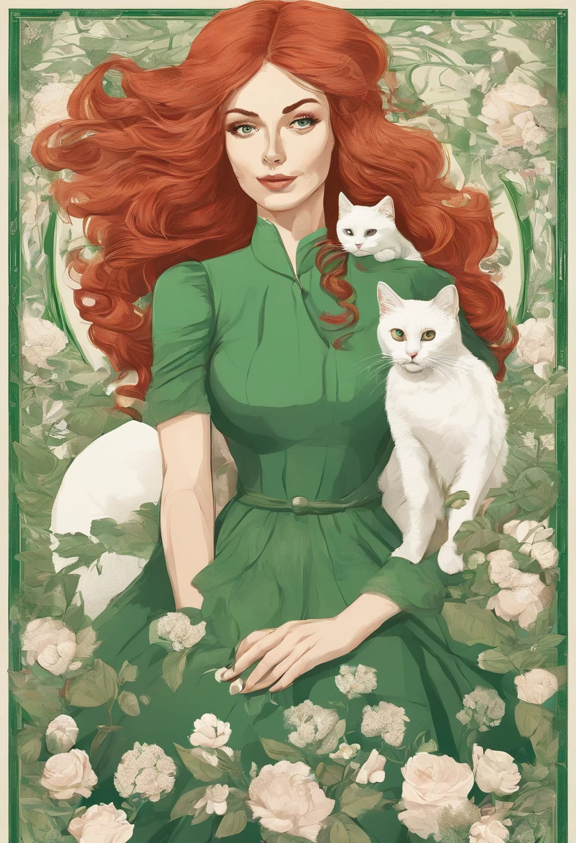 woman with long red hair in a green dress, with a white cat in her arms