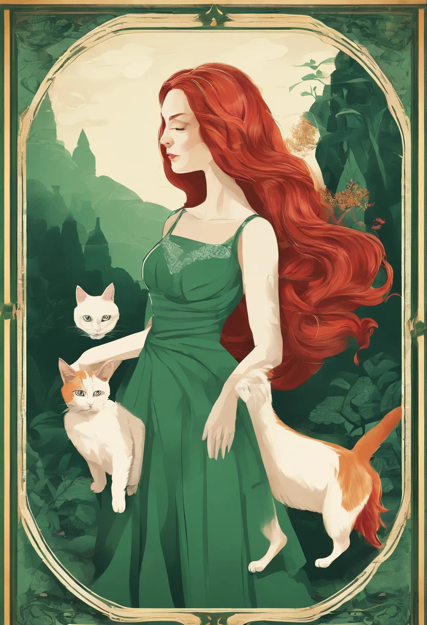 woman with long red hair in a green dress, with a white cat in her arms
