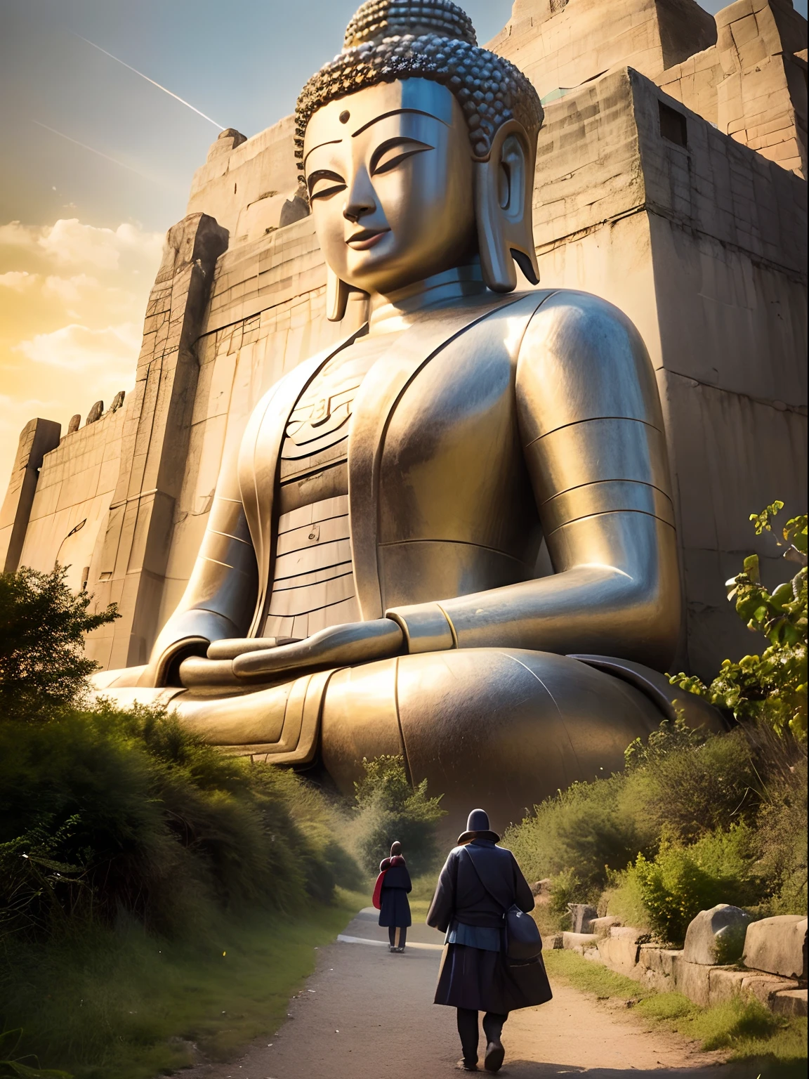 There are huge Buddha statues on the mountain,The Buddha statue has a calm face,Stoic face, a Buddhist Buddha, Buddhism, Buddha, Buddhist, The rising sun shines golden in the sky,The holy light shines on the Buddha statue,(Two pilgrims walk towards the Buddha statue:1.5), Verism, En plein air, Cinematic lighting, stereograms, Masterpiece, hyper HD, Best quality