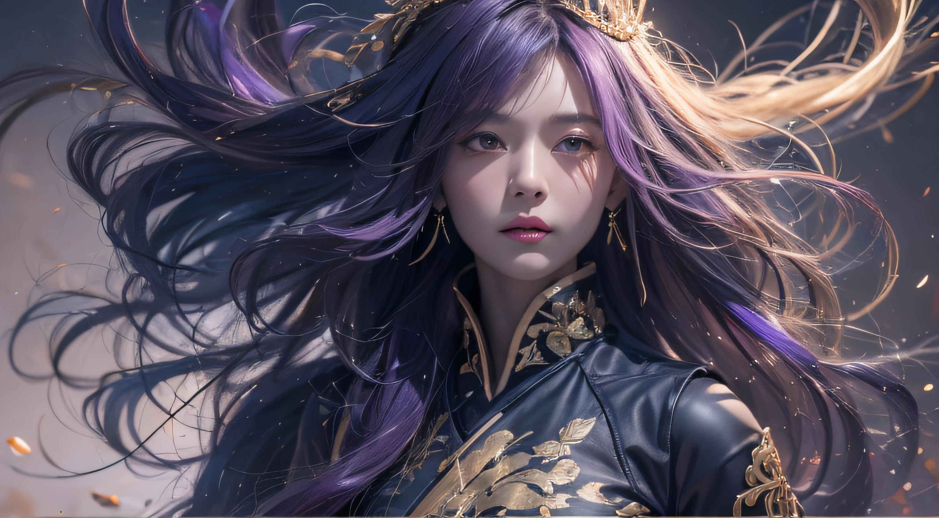 32K(tmasterpiece,k hd,hyper HD,32K)Long flowing bright purple hair,Mards,zydink, a color, Asian people (Silly girl), (Silk scarf), Combat posture, looking at the ground, long whitr hair, Floating bright purple, Fire cloud pattern gold tiara, Chinese long-sleeved gold silk garment, (abstract ink splash:1.2), smoky background,Lotus protector(realisticlying:1.4),Bright purple hair,Smoke on the road,The background is pure, A high resolution, the detail, RAW photogr, Sharp Re, Nikon D850 Film Stock Photo by Jefferies Lee 4 Kodak Portra 400 Camera F1.6 shots, Rich colors, ultra-realistic vivid textures, Dramatic lighting, Unreal Engine Art Station Trend, cinestir 800,Long flowing bright purple hair
