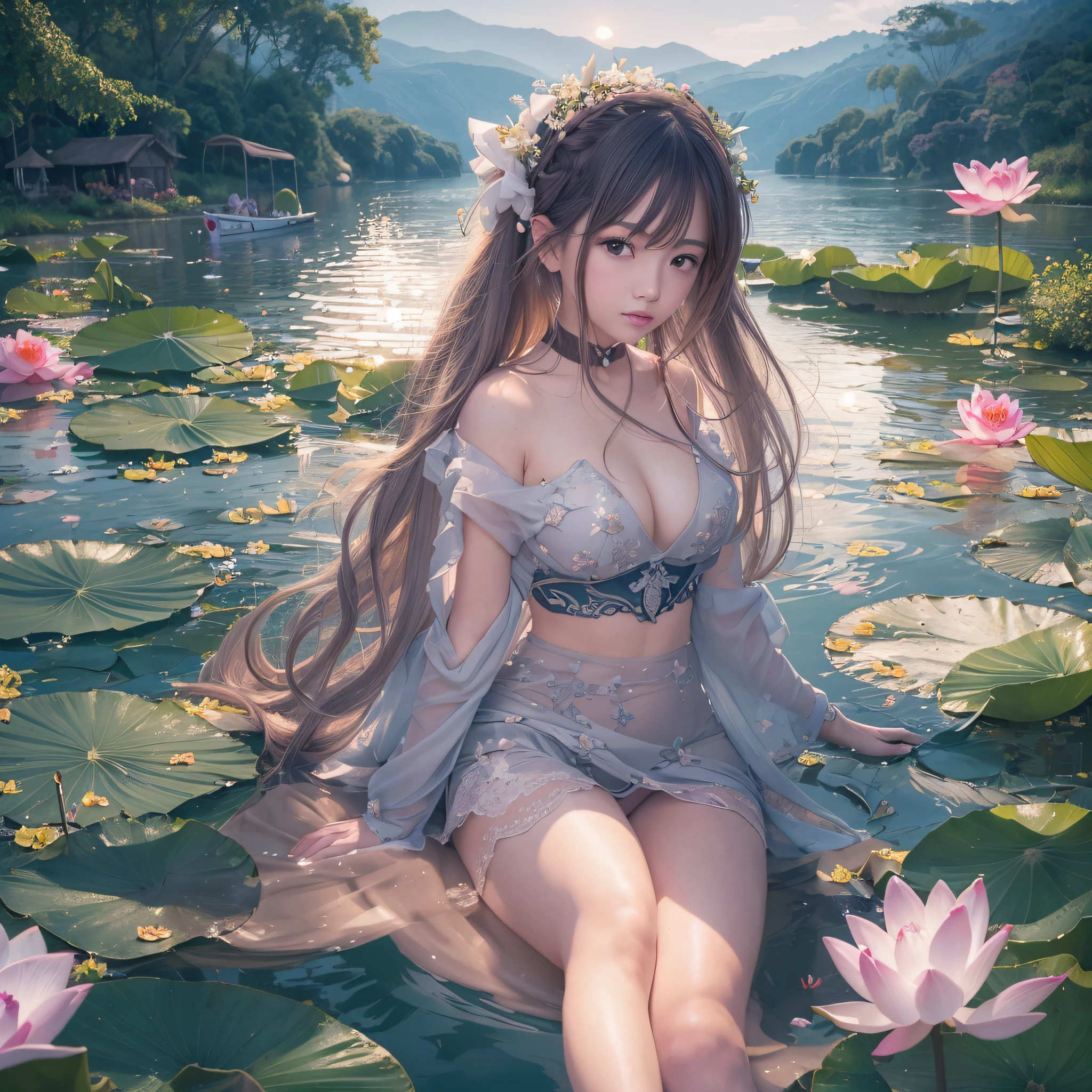 NSFW,(High quality, 8K, Original Character), (fact: 1.5), (masutepiece, Best Quality, High resolution: 1.2), girl, Summer evening, (smooth texture of stockings: 1.5), sexy skirt, Delicate eyes, Delicate images, Boat, River, Face to camera, A large lotus flower blooms behind it, Moonlight, Breeze, fireflys