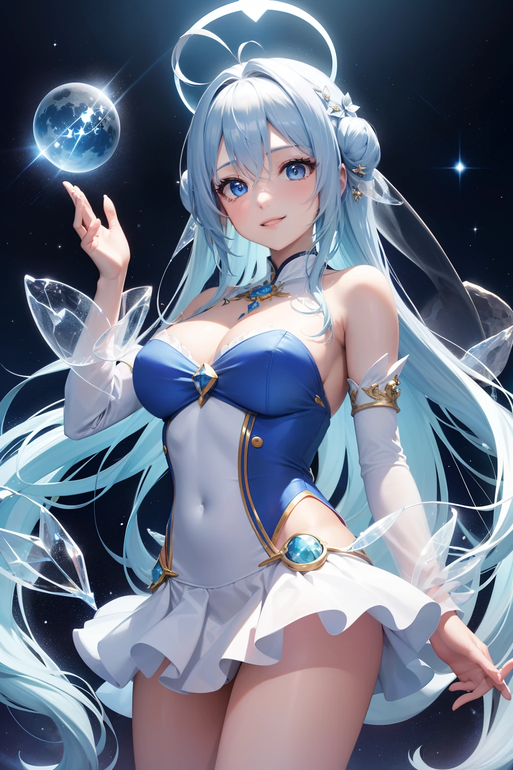 Super Idol　a beauty girl　A charming smile　sky blue hair　length hair　Twin-tailed　Bright blue and white costume　Mystical　Fantasia　constellation　a moon　Crystal brilliance

Spirit of Polar Light
World of ice and snow
The power of light and magic
Guardian of nature
Symbol of good luck or blessing
Butoh and music
Fantastic existence
Polar Fairy
Arctic and Antarctic
Beauty and mystique