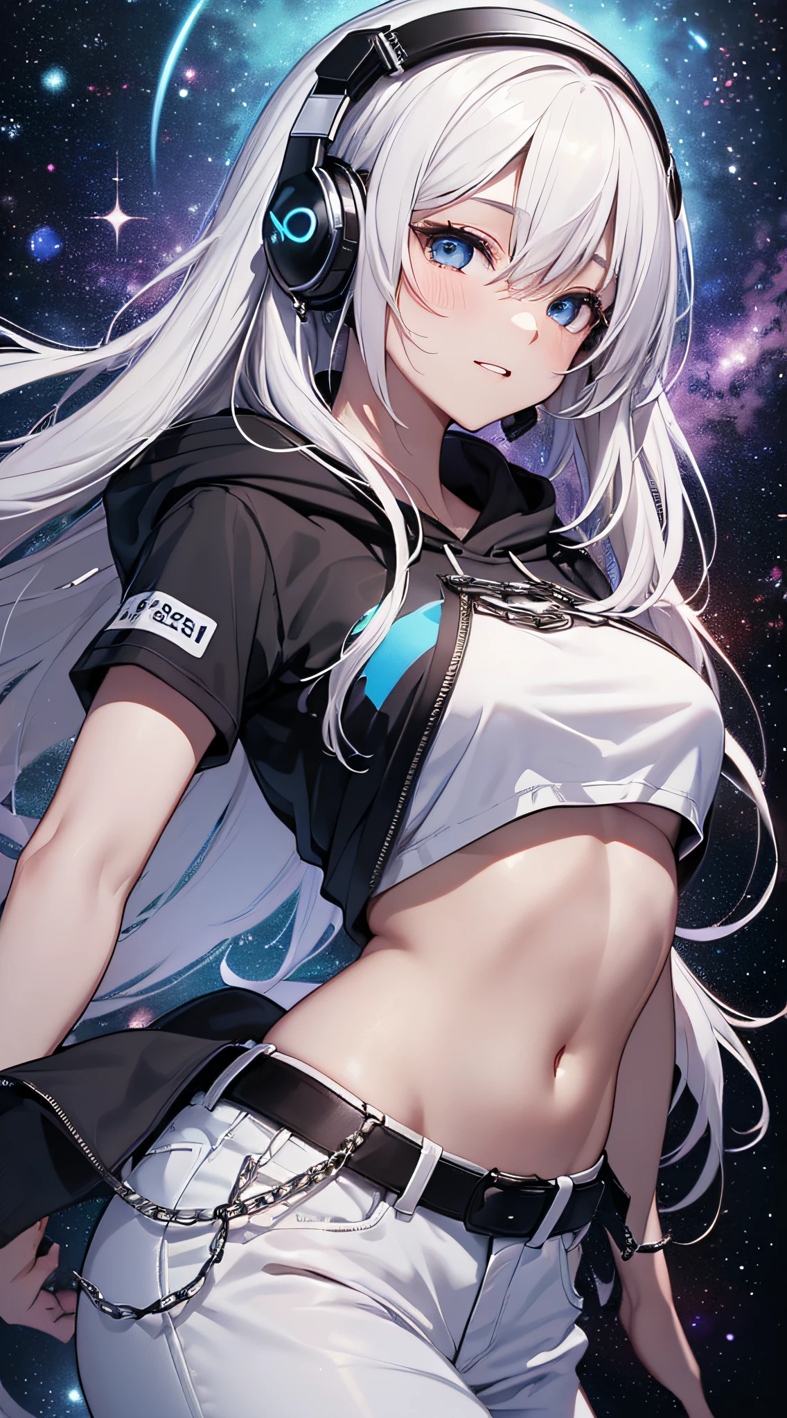 beautiful girl , Latifa , Long silver hair , Beautiful blue eyes , soft skin , She wears a black bra , Black shorts , Long white socks , Short white coat with fur , Small tattoo on the back of the right hand , She wears a collar around her neck