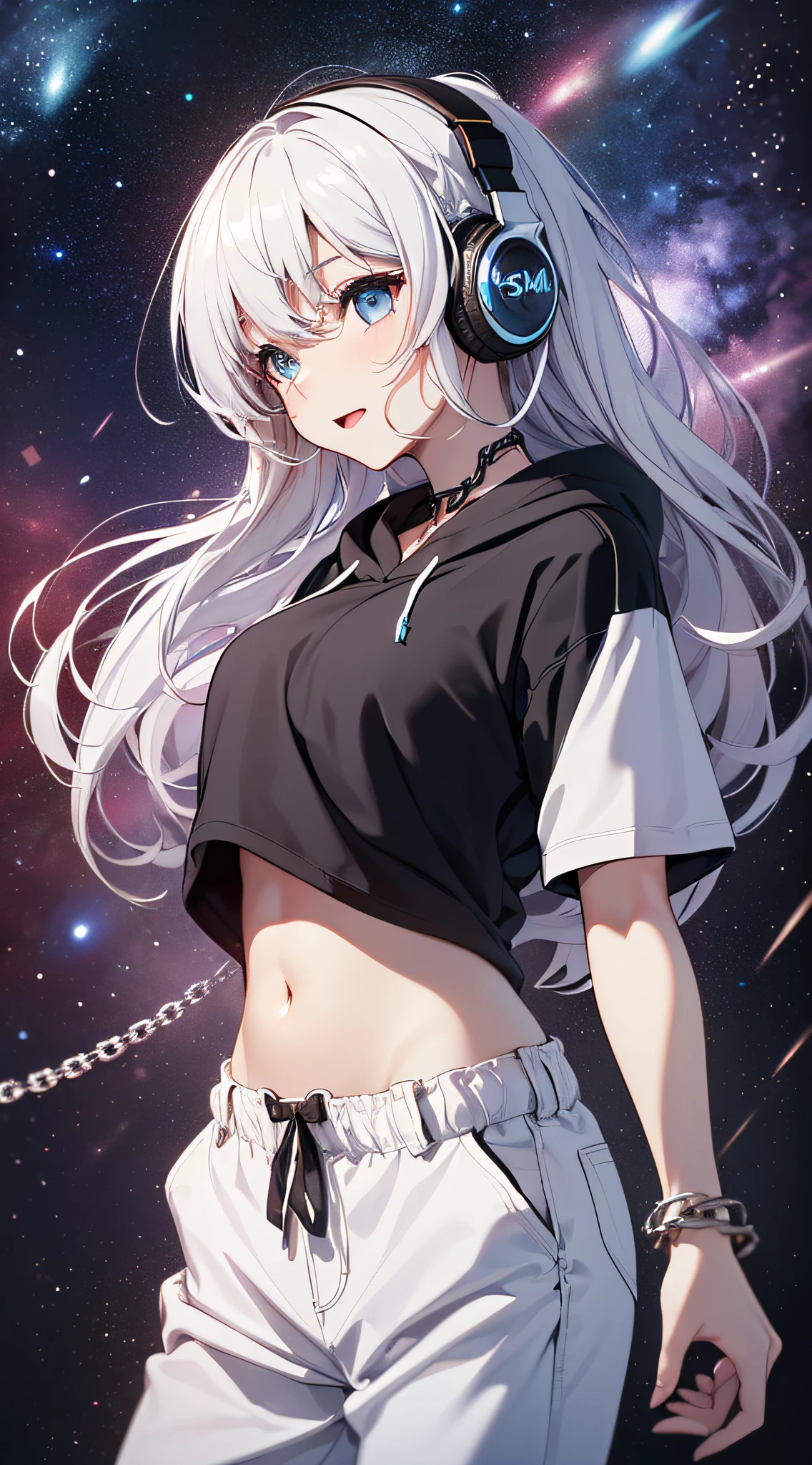 top-quality、Top image quality、​masterpiece、girl with((18year old、Black navel exposes short sleeve hoodie、White pants、Best Bust、Bust 85、silber hair、disheveled long hair、Blue eyes、open chest wide、Happiness、Chain Accessories、Put on headphones、dance、Weightlessness）hiquality、visualart、Background with(spaces、stele々、kosmos))、masutepiece、Best graphics、Super delicate