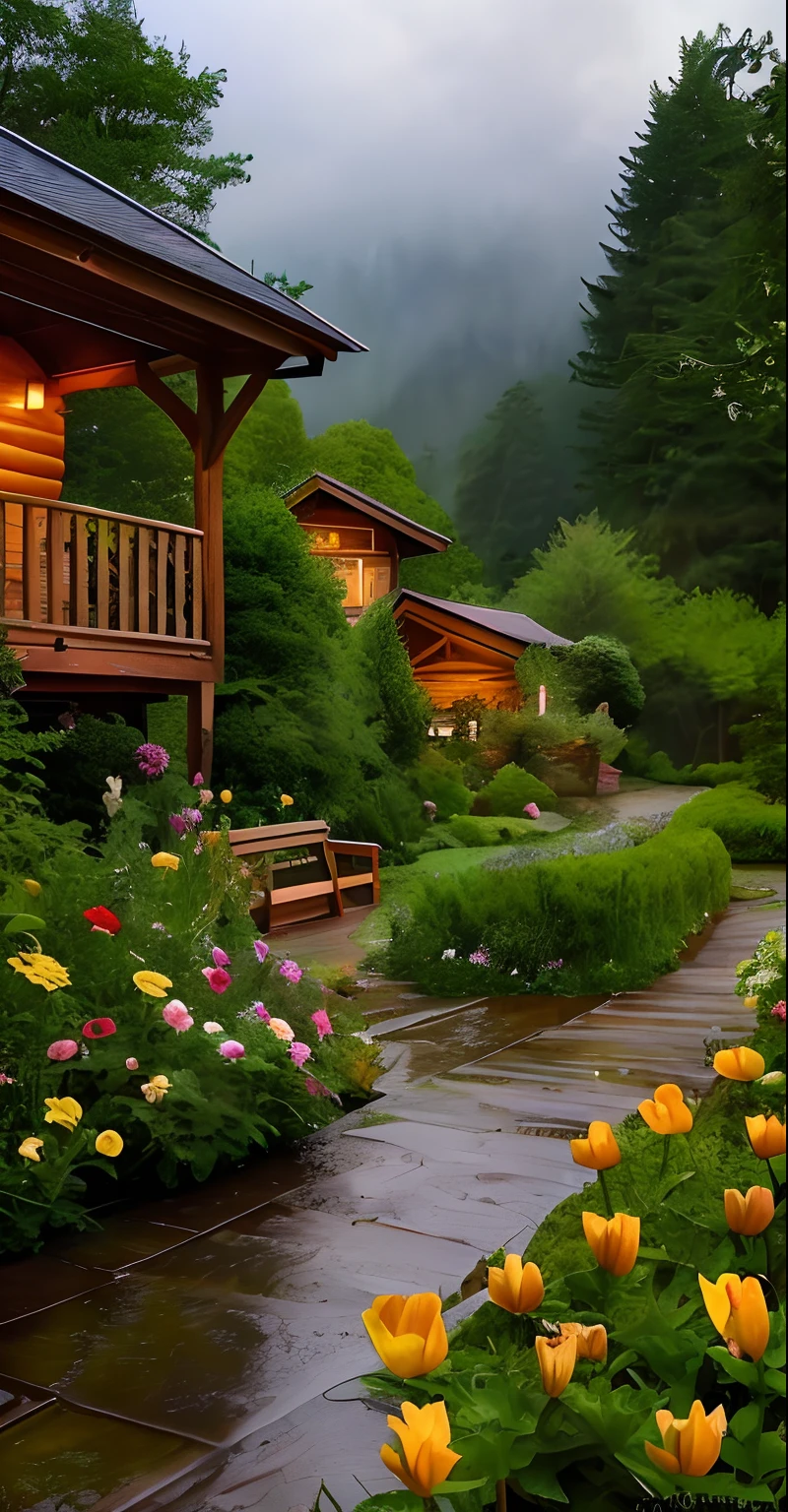 There are many flowers in the garden next to the wooden house, beautiful house on a forest path, Lush outdoor flowers, Beautiful garden, lush garden in the background, amidst of nature fully covered, soothing and cozy landscape, peaceful wooden mansion, Home and garden, flowers garden, beautiful eden garden, stunning nature in background, beatiful house, wooden cabin, wooden cabin