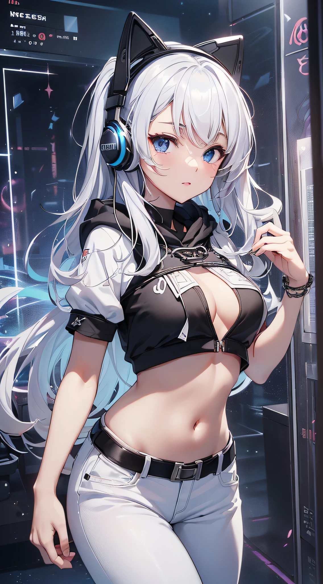 top-quality、Top image quality、​masterpiece、girl with((18year old、Black navel exposes short sleeve hoodie、White pants、Best Bust、Bust 85、silber hair、disheveled long hair、Blue eyes、open chest wide、Happiness、Chain Accessories、Put on headphones、dance、Weightlessness）hiquality、visualart、Background with(spaces、stele々、kosmos))、masutepiece、Best graphics、Super delicate