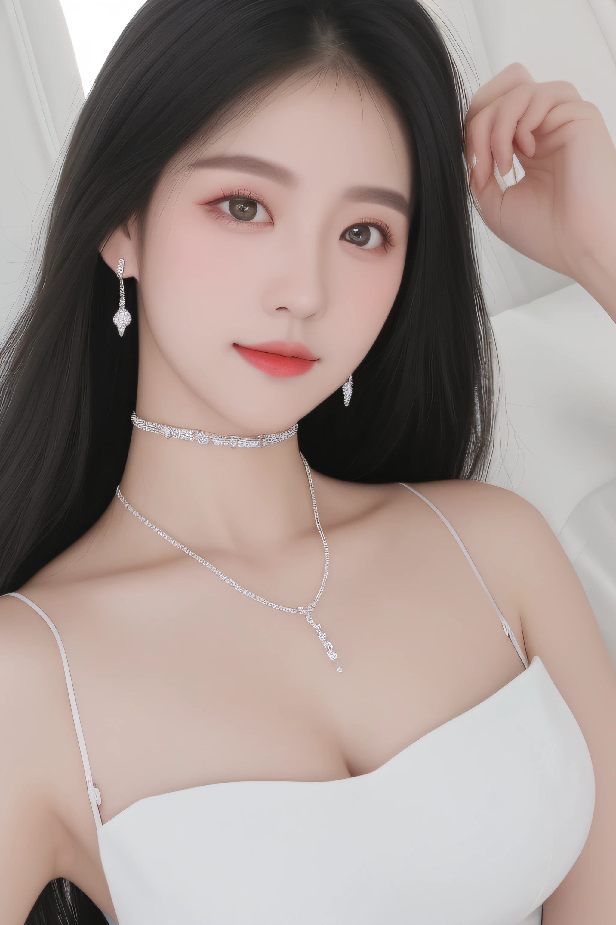 Best quality、tmasterpiece、A high resolution、1girl、Porcelain dress、hair adornments、choker necklace、jewely、pretty  face、Physically、Large breasts、Tyndall effect、realisticlying、Shadow Studio、edge lit、bicolor lighting、（highdetailskin：1.2）、8k UHD、dslr、softlighting、high high quality、volumettic light、sneak shot、photore、A high resolution、4k、8k、The background is blurred out，