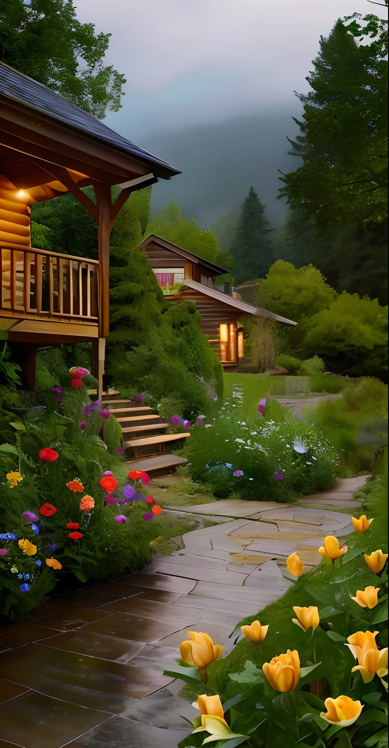 There are many flowers in the garden next to the wooden house, beautiful house on a forest path, Lush outdoor flowers, Beautiful garden, lush garden in the background, amidst of nature fully covered, soothing and cozy landscape, peaceful wooden mansion, Home and garden, flowers garden, beautiful eden garden, stunning nature in background, beatiful house, wooden cabin, wooden cabin