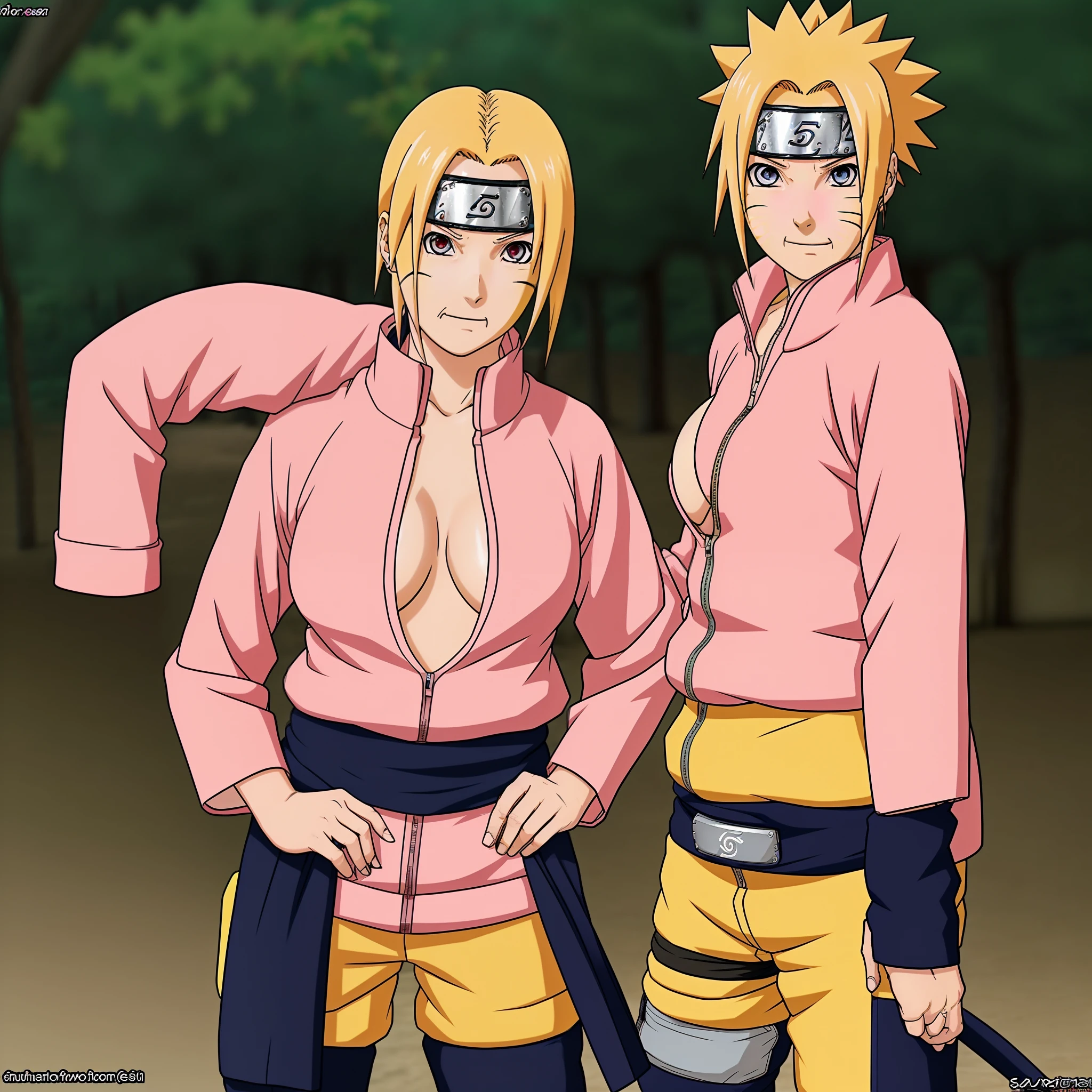 (Naruto fusion with sakura:1.2), looking to you, big breast, thighs high, mature women, (yellow and pink hair color:1.1), pink ninja suit, big breast, (1 girl:1.1),