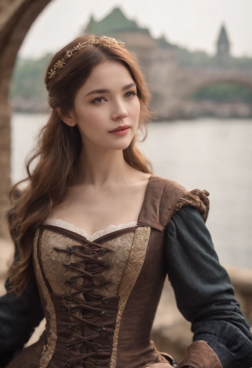 absurderes、ultra res、ultra-detailliert、(bokeh dof:1.8)、More accurate body、Beautiful depiction、(steampunc:1.2)、Beautiful and cute woman、Taking a model photo in a park with a view of a large bridge、Tasteful costumes and accessories、lensflare、Reflectors、Prismatic light、Wind Blowing Effect、
