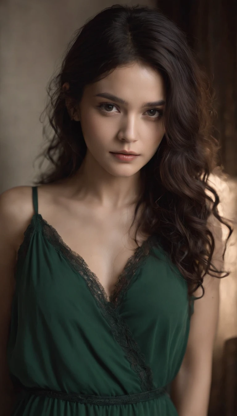 1girl,light and shadow,messy hair,light curly hair,black hair,((drak green tone)), silk nightgown,small breasts,holding own arm,upper body,half face in the dark,black and white theme,professional photography photos,strong chioscuro contrast,fashion magazine cover,melancholy tone,expressionless,contempt,dark bedroom,against wall,shaded_face,disgust,dynamic pose,dynamic angle,