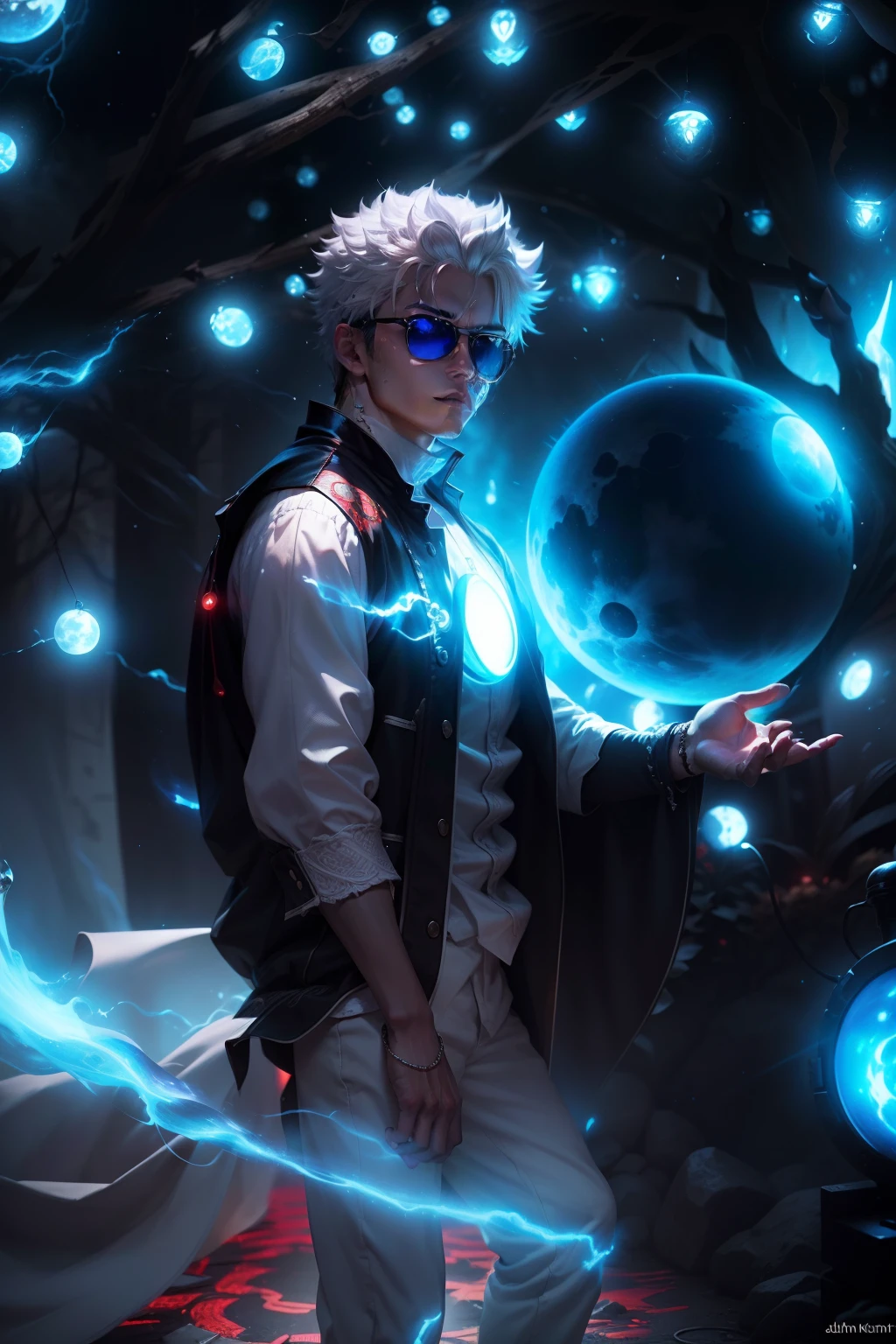 ((High detail、Cinematic lighting))、Messy white hair、Aquamarine eyes、White lashes、god rays、Ray tracing、drop shadow、optical illusion、Haut du corps、Looking at the camera、Masterpiece、((Super Detail、Best Quality、8K))、Jujutsu Kaisen、Gojo Gojo、Black attire、Surgical unfolding、Perfect jet black background、serene look、powerful being、Mystical atmosphere、(Strange moonlight、ominous shadows、 Intense blue aura、 Intense red aura、Symbol of the power that surrounds him、Radiating magical energy、Mystical artifacts、Ether particles、dinamic pose、Epic soundtrack、(((Detailed hand)))、sunglass