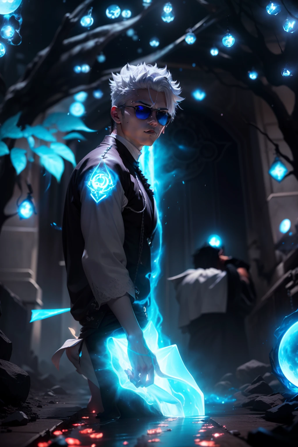 ((High detail、Cinematic lighting))、Messy white hair、Aquamarine eyes、White lashes、god rays、Ray tracing、drop shadow、optical illusion、Haut du corps、Looking at the camera、Masterpiece、((Super Detail、Best Quality、8K))、Jujutsu Kaisen、Gojo Gojo、Black attire、Surgical unfolding、Perfect jet black background、serene look、powerful being、Mystical atmosphere、(Strange moonlight、ominous shadows、 Intense blue aura、 Intense red aura、Symbol of the power that surrounds him、Radiating magical energy、Mystical artifacts、Ether particles、dinamic pose、Epic soundtrack、(((Detailed hand)))、sunglass