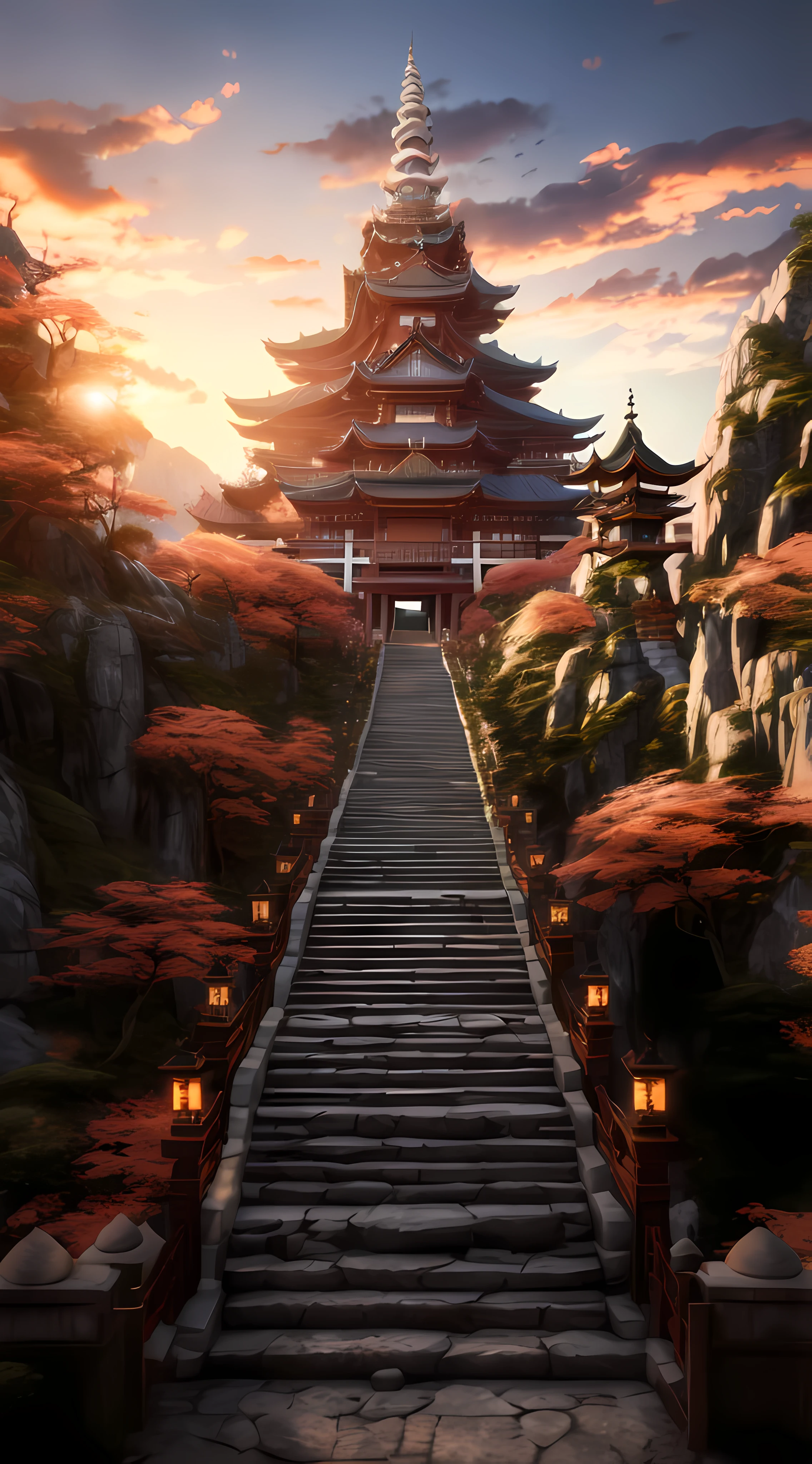 stairs leading to a temple in a mountain setting,fundo do templo zen, japanese temple, papel de parede vertical 4K, papel de parede vertical 4k, japonisme 3D 8K Ultra Detalhado, japanese temple, Inspirado em Quioto, papel de parede oriental, inspirado em Torii Kiyomitsu, arquitetura japonesa antiga, Unreal motor 4k papel de parede