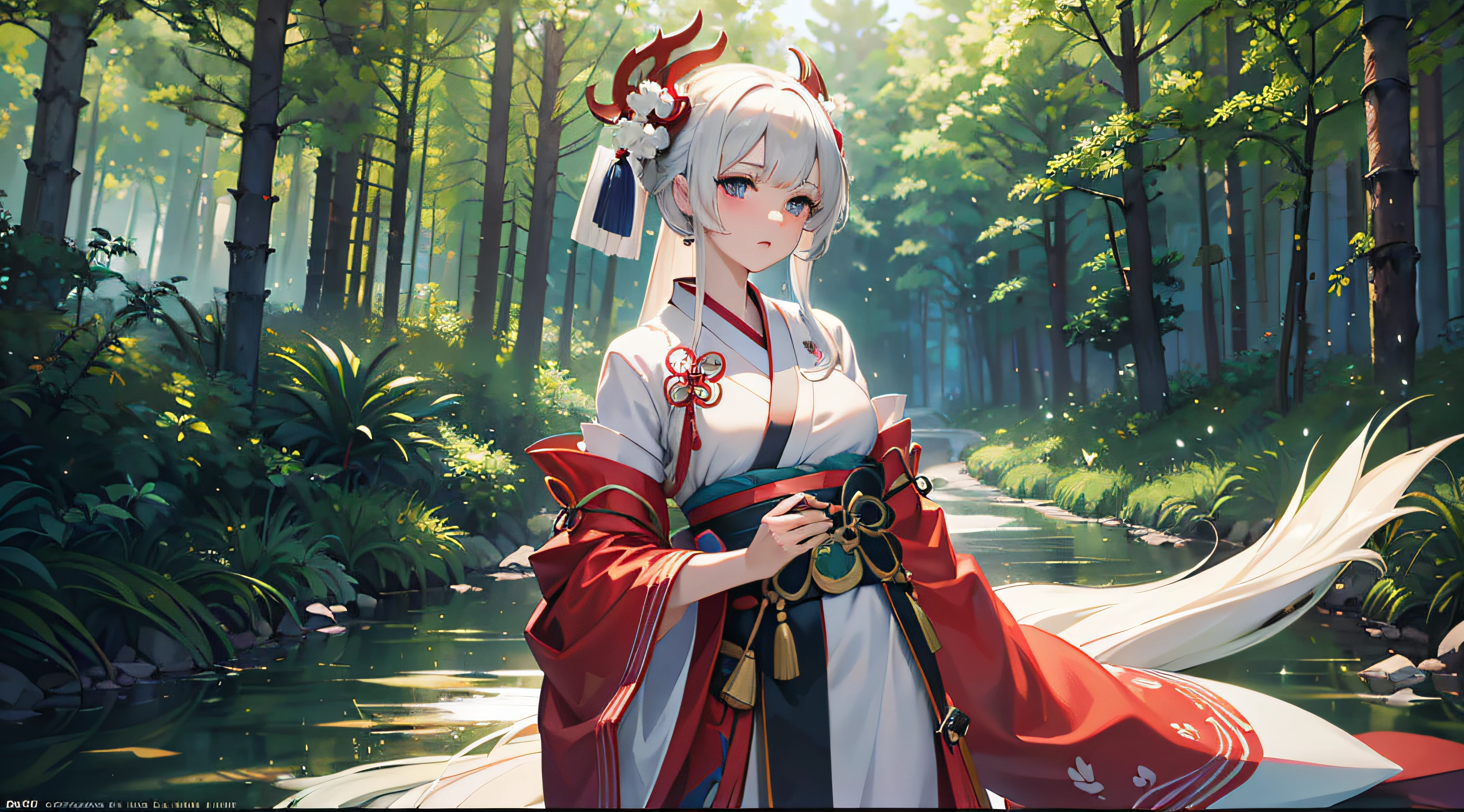 (Kimono girl with fan, Palace, A girl in Hanfu, Onmyoji detailed works, Soft anime illustration, Popular on ArtStation and Pixiv, onmyoji, Clean and complex anime art, White-haired deity, Digital art on Pixiv, Cute anime fat girl in beautiful clothes, Portrait of Onmyoji, komono)，(Best quality, 4K, 8K, A high resolution, Masterpiece:1.2), Ultra-detailed, (Realistic, Photorealistic, photo-realistic:1.37), hdr, hyper HD, Studio lighting, Ultra-fine painting, Sharp focus, Physically-based rendering, Extreme detail description, professional, Vivid colors, Bokeh, sportrait, anime big breast, Vibrant colors, Soft lighting(Best quality,4K,8K,A high resolution,Masterpiece:1.2),Ultra-detailed,(Realistic,Photorealistic,photo-realistic:1.37),Anime girl standing in bamboo forest wearing white dress, Pifi Race Champion, Starlight Fairy, aquatic creature, lunar goddess, From Arknights, ethereal anime, Digital art on Piffey, Created by Yuumei, astral ethereal, Beautiful Sky Witch, Pifi, nightcore, Fantasy anime illustration, lunar goddess, [[fantasy]], Piffey style