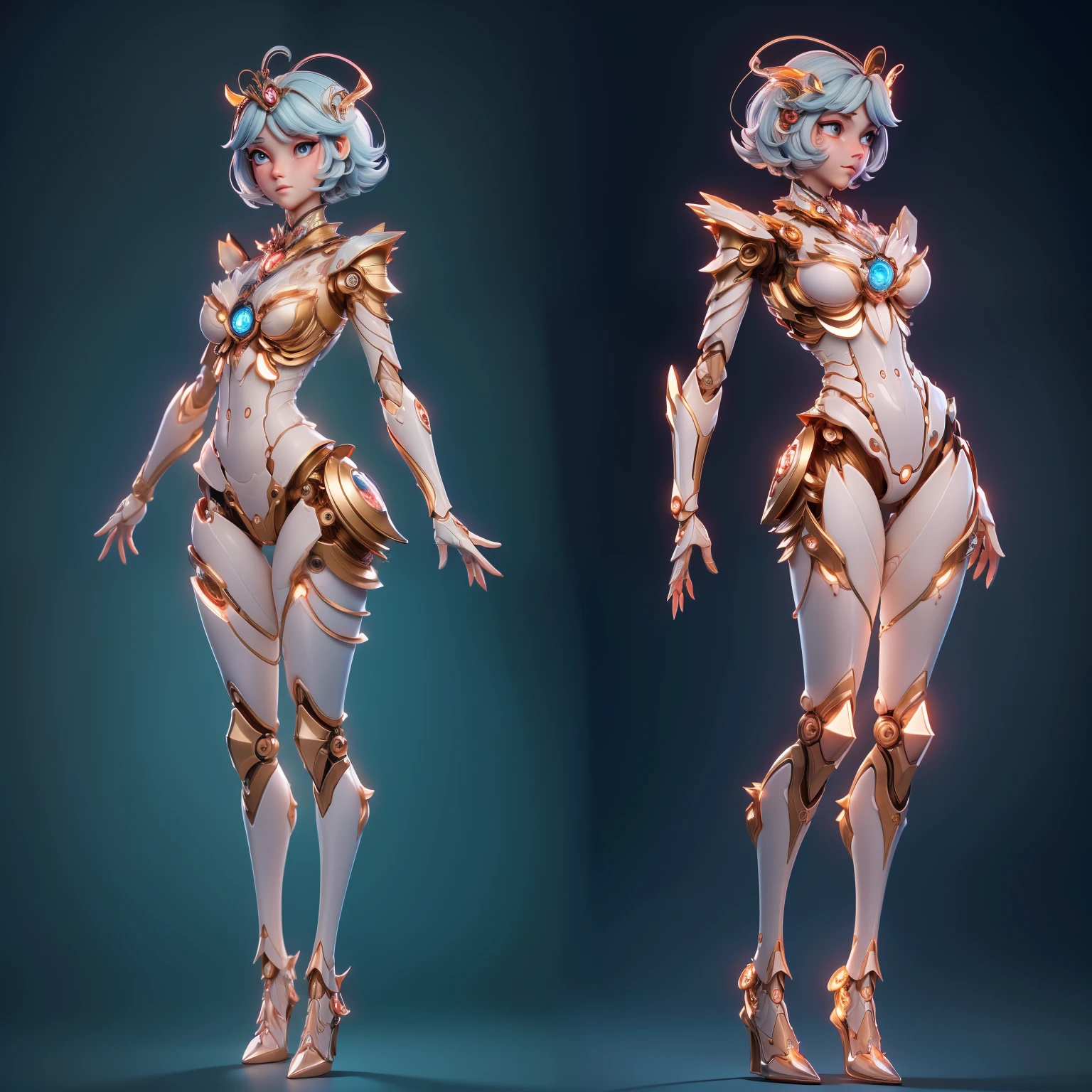 a close up of a Artificial Empathy in a white and gold outfit, 3 d render character art 8 k, knights of zodiac girl, 3 d render stylized, hyperdetailed fantasy character, 3 d goddess minerva, beautiful robot character design, porcelain cyborg armor, 3 d character concept, 3 d character art, unreal engine render + a goddess