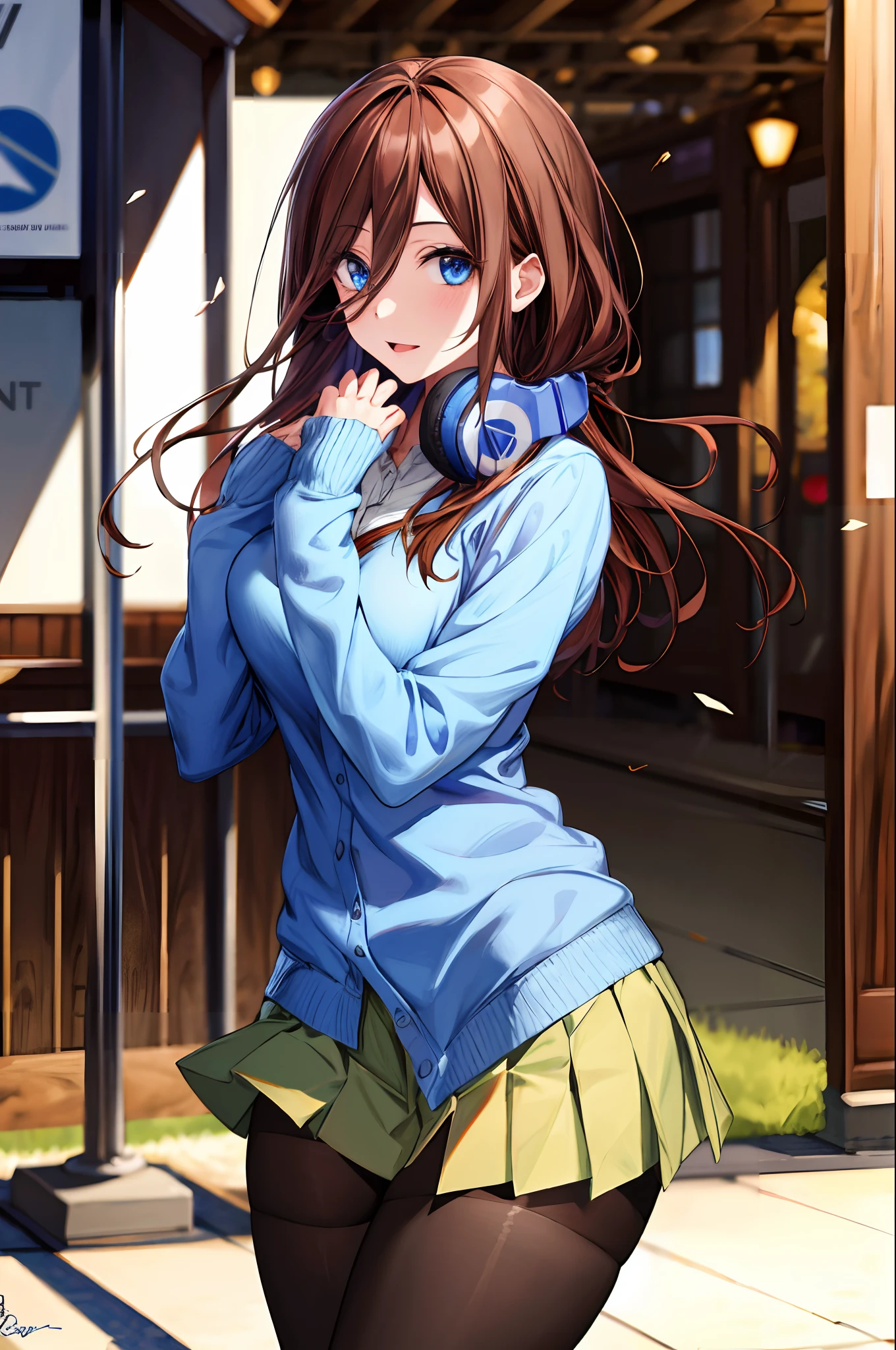 absurdres, best quality, 1girl, solo, eye focus, looking at viewer, Miku, Blue Cardigan, brown hair