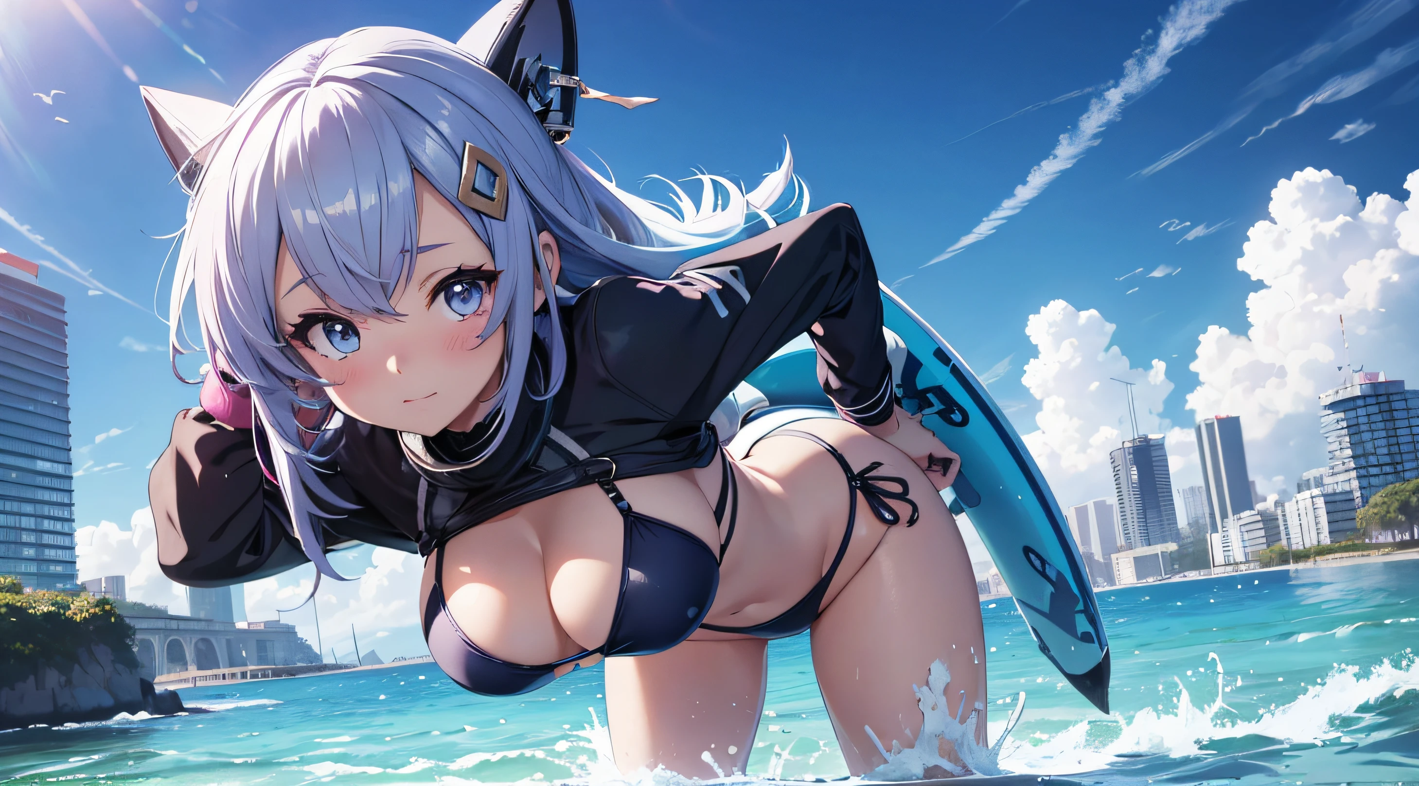 A girl in a bikini walking on water in the ocean, with a building in the background. The artwork should be in an anime style and have a high quality, such as (best quality, 4k, 8k, highres, masterpiece:1.2) and be ultra-detailed and realistic (photorealistic:1.37). The color tone should be vibrant, with vivid colors. The lighting should create a warm and sunny atmosphere. The girl should have a shy expression with blushing cheeks and eyes full of love.A shy expression,Blushlush,There is love in the pupils
