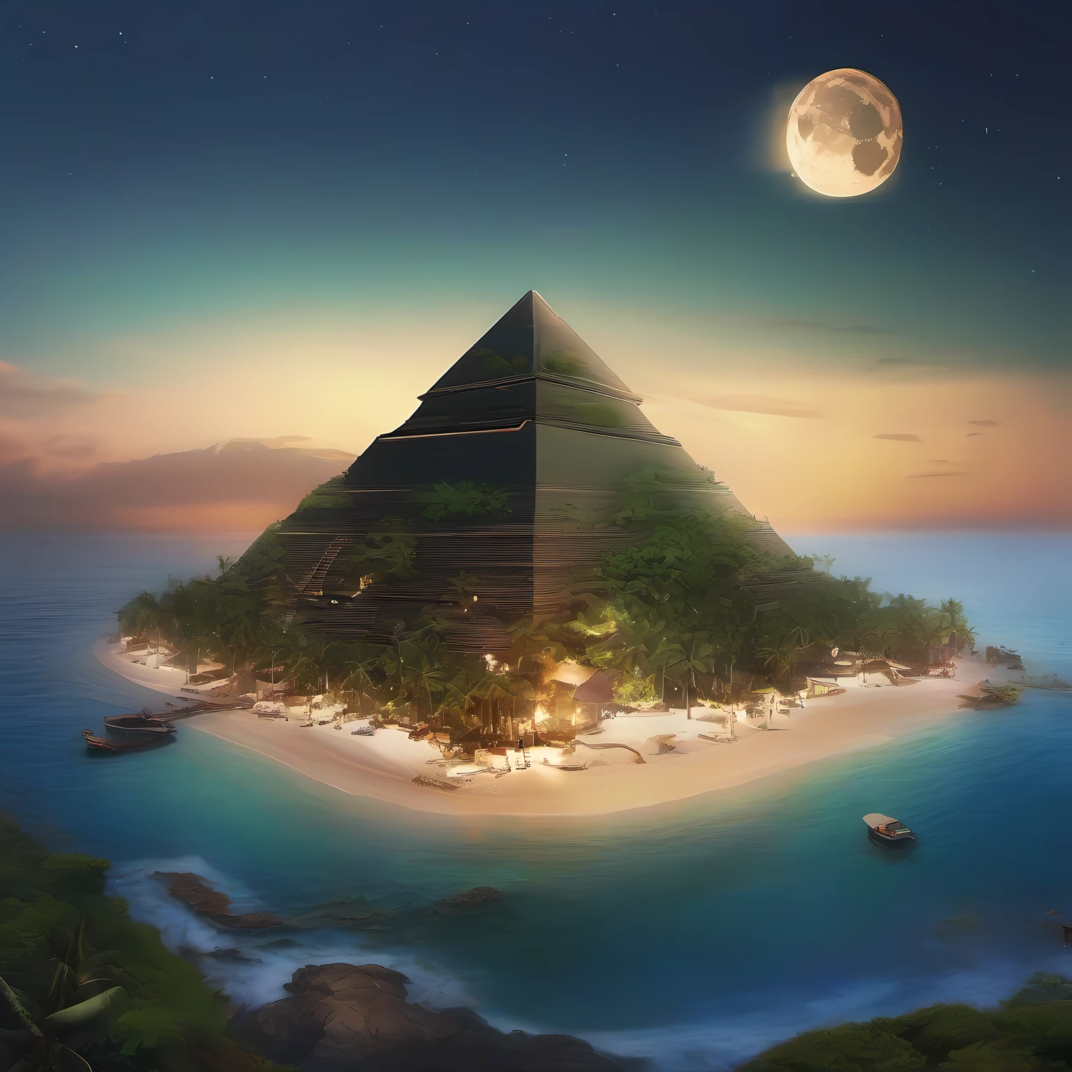 uninhabited island、Pyramid-shaped uninhabited island、sima、sand beach、The only island on Earth、the ocean at night、moonlights、Moonlight illuminates the top of the pyramid、fullmoon、starrysky、stele、shooting stars、Meteor swarm、Wide Angle、An isolated island in the sea、sima、((Putting the whole island in the composition:1.5))、Sea around the island、 panoramic photography, wide-angle vistas, immersive landscapes, stunning views, expansive scenes, visual depth, breathtaking perspectives