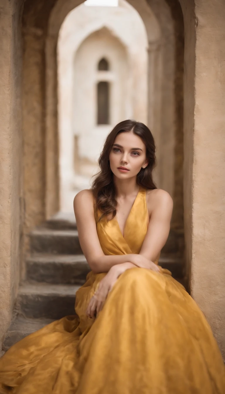 1girl,film grain,vintage tone,high contrast,gown,tunnel,dim lighting,dark yellow theme,melancholy,sitting,against wall,sad