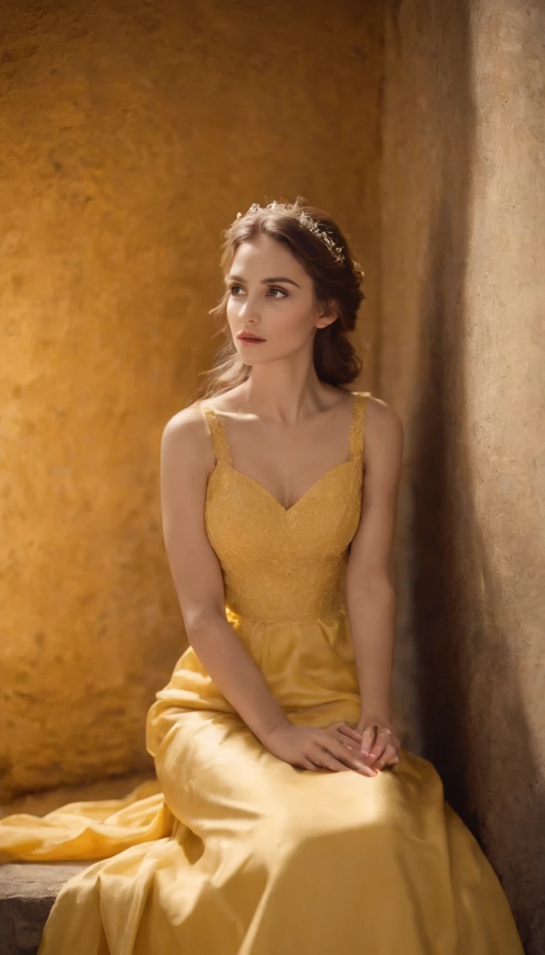 1girl,film grain,vintage tone,high contrast,gown,tunnel,dim lighting,dark yellow theme,melancholy,sitting,against wall,sad