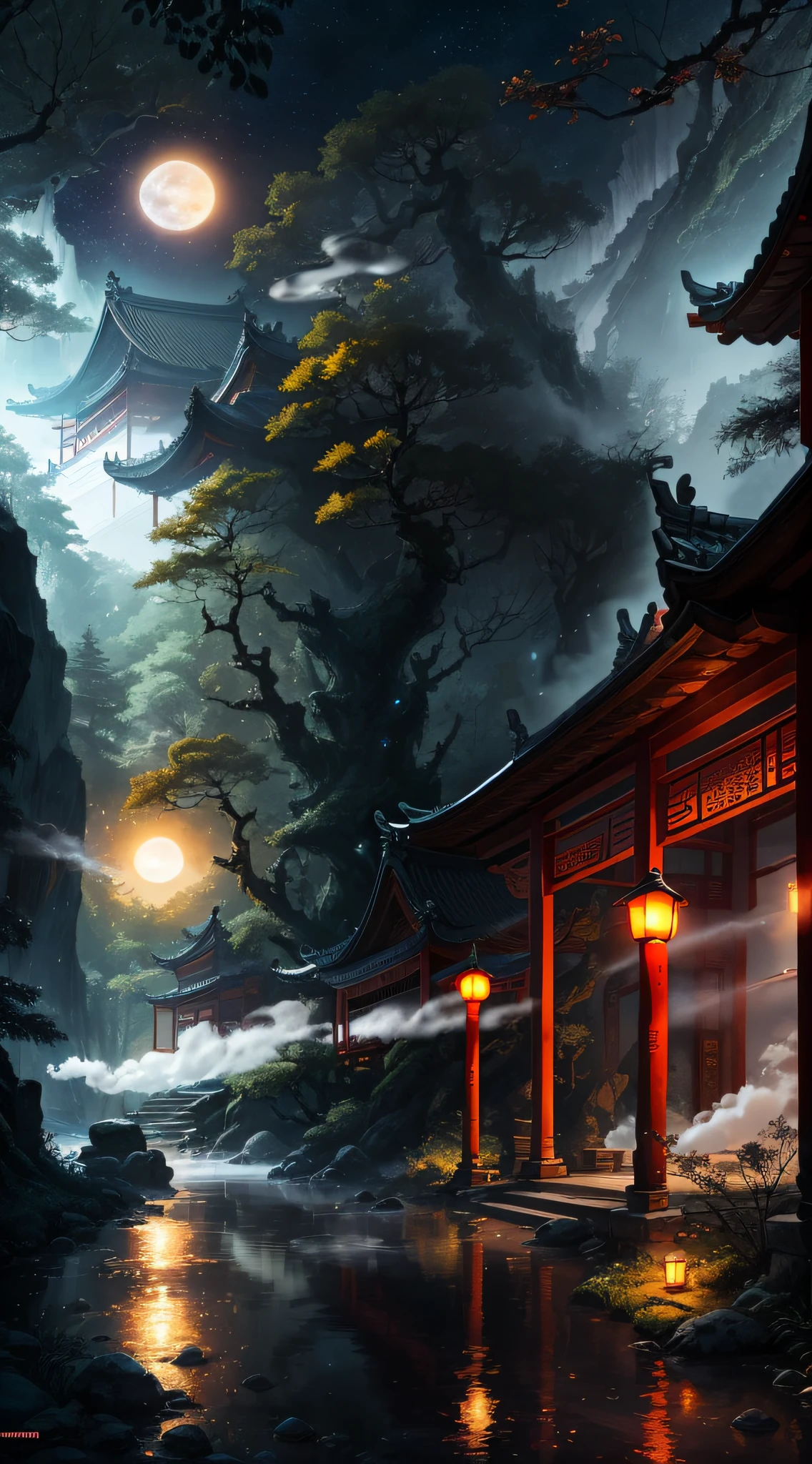 (enormously detailed的 CG unified 8k Wallpapers、tmasterpiece、best qualtiy、Best light and best detail)Lush deep forest,Steaming mist、Babbling streams,The bright moonlight and the sparkling starlight mingle,The ancient Chinese architecture is quaint、In a complex atmosphere,Enjoy the beauty of nature to the fullest。