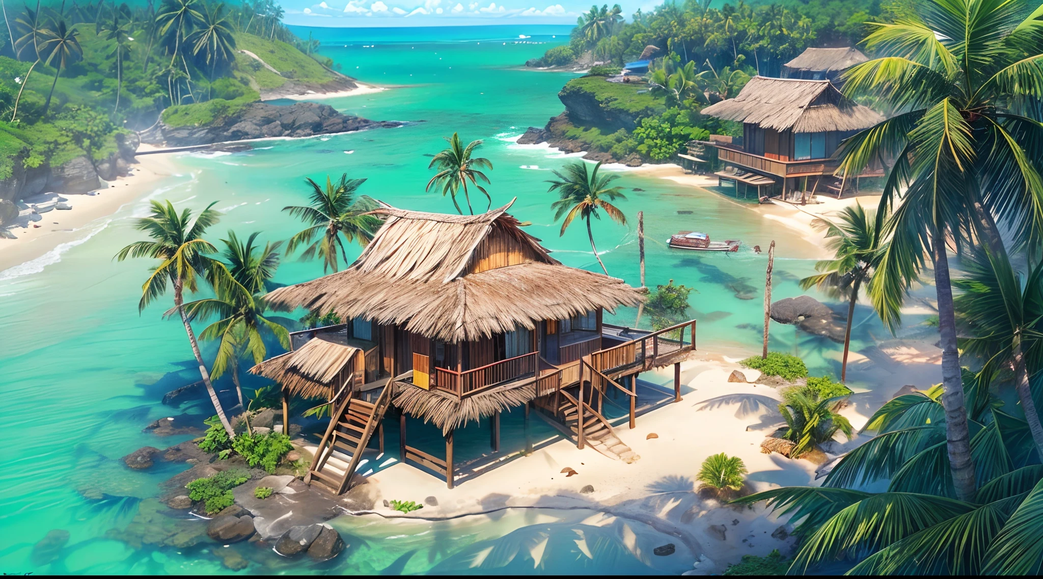 ( shot from above, best quality,ultra-detailed,realistic:1.37), HDR, vibrant colors, calm atmosphere, (deserted island:1.5), crystal clear water, lush greenery, tall palm trees, straw huts, wooden houses, fishing boats, gentle waves, blue sky, distant mountains, tropical paradise, secluded, peaceful, surreal beauty, tranquil surroundings, hidden gem.