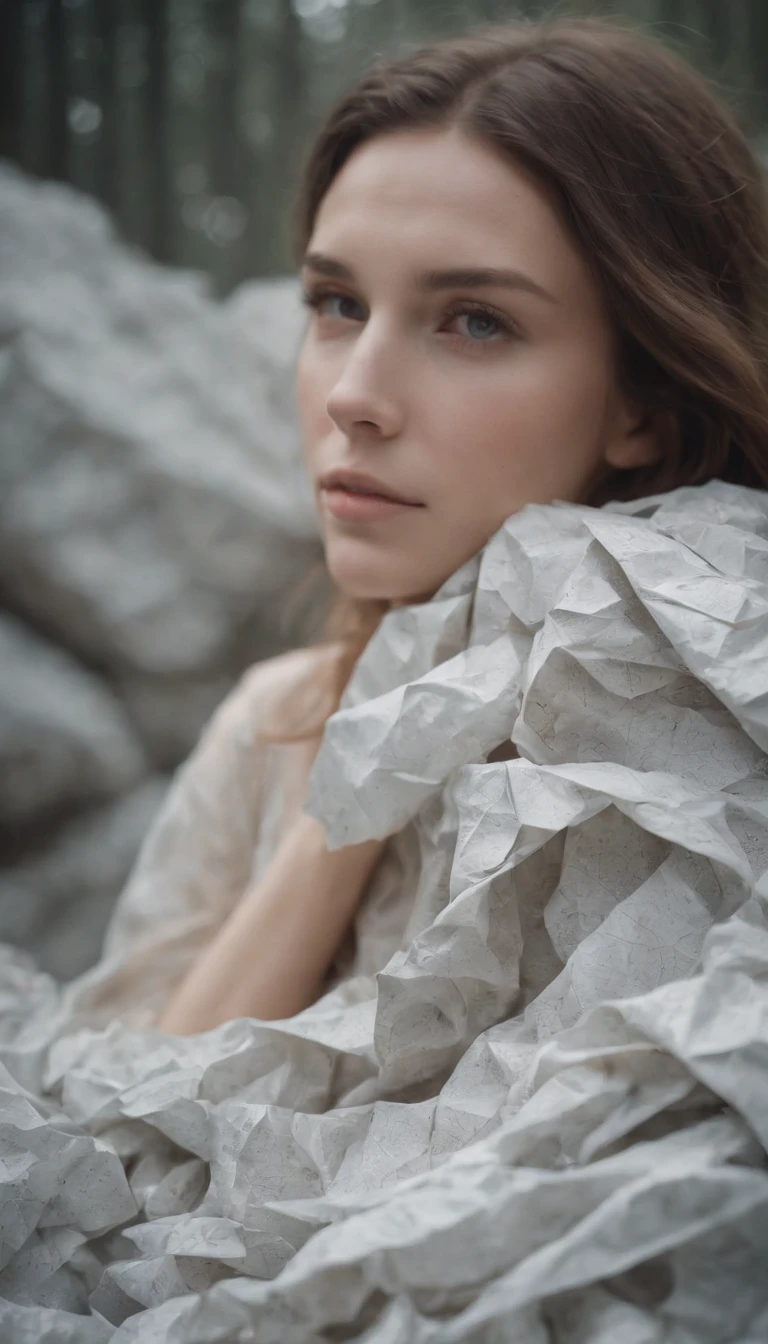 a beautiful girl covered in crumpled paper with the text \"MX\",outer space,dry rocks environment,interstellar,Surrealism,Dreamy dim daylight. Minimalism,emptiness,spaciousness,Faint accent lights,film grain,horror photography,misty and foggy atmosphere,