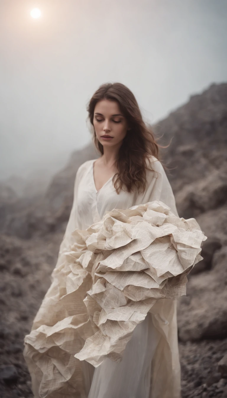 a beautiful girl covered in crumpled paper with the text \"MX\",outer space,dry rocks environment,interstellar,Surrealism,Dreamy dim daylight. Minimalism,emptiness,spaciousness,Faint accent lights,film grain,horror photography,misty and foggy atmosphere,