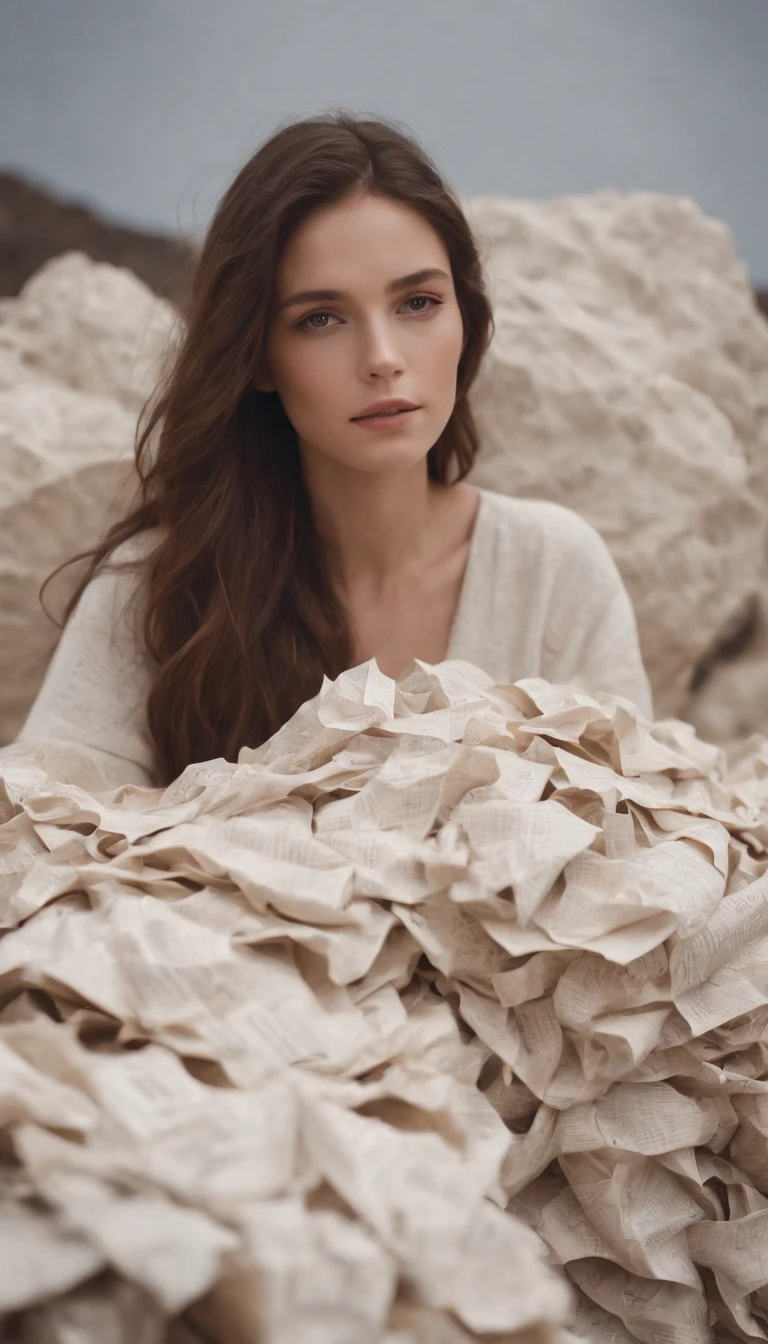 a beautiful girl covered in crumpled paper with the text \"MX\",outer space,dry rocks environment,interstellar,Surrealism,Dreamy dim daylight. Minimalism,emptiness,spaciousness,Faint accent lights,film grain,horror photography,misty and foggy atmosphere,