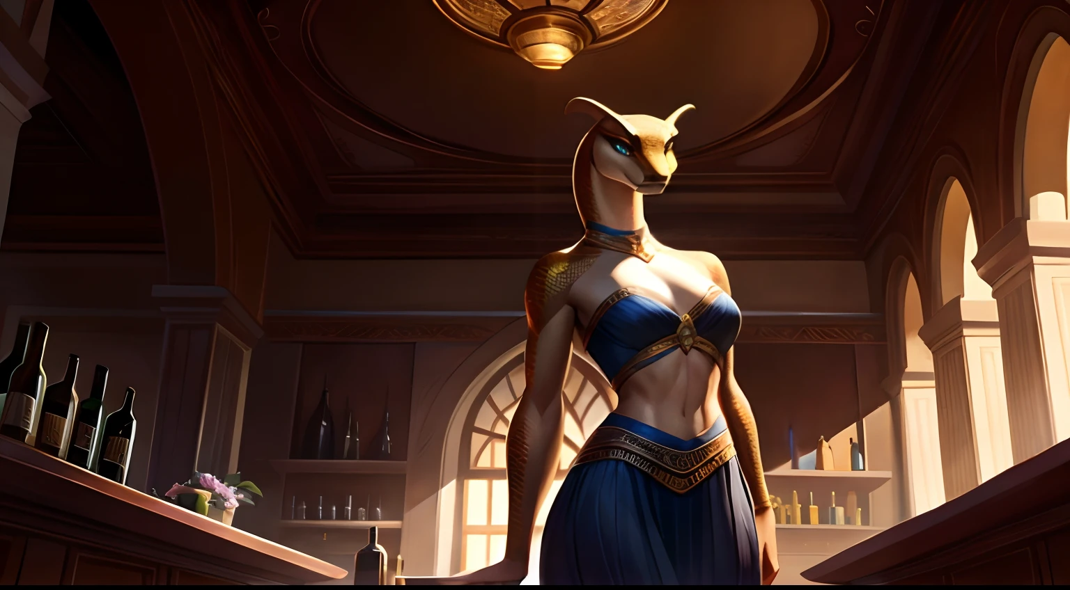 4k resolution, Semi-realistic art style, anthropomorphism, Portrait, Strapless Dress, intricate lighting by Bonifasko, The scales on the character's body show remarkable realism, including a beautifully detailed face, that attracts the viewer's attention, A natural break, Cinematic lighting, Ultra-detailed background of the bar counter in the bedroom, Full front view of the body, partial shadow on the figure, Excellent illumination, twilight rays, Detailed ambient and gray lighting, Soft lighting of the abdomen, All content, Suitable for a wider audience, Focus & Sharpness, Maintaining a sense of shaded craftsmanship, The fusion of fantasy and anthropomorphic art, Commissioned for ultra-high resolution, First-person line-up, A stunning masterpiece of exquisite quality, Bright coloring, Carefully traced facial features, emphasizing the captivating beauty, Elements of the cobra snake in the structure of the face and ears, breast and midriff, A mesmerizing look towards the viewer, slightly drooping eyelids, Masterful execution, Grade 1.21, Ultra-high quality demonstration in 1.2, Illustration with cinematic lighting with a rating of 1.3, Detailing intricate scales, Harmonious color balance, covering global illumination and ray tracing, Skilfully controlled lighting, revealing anthropomorphic attributes, noticeable curvature of the hips and chest, Fantastic charm combined with viewer engagement, An alluring and slightly mysterious expression, beautifying the beauty of the face, solid hips with an athletic physique;, The composition is purely visual, Free from any textual distractions, creation, that goes beyond language and symbols