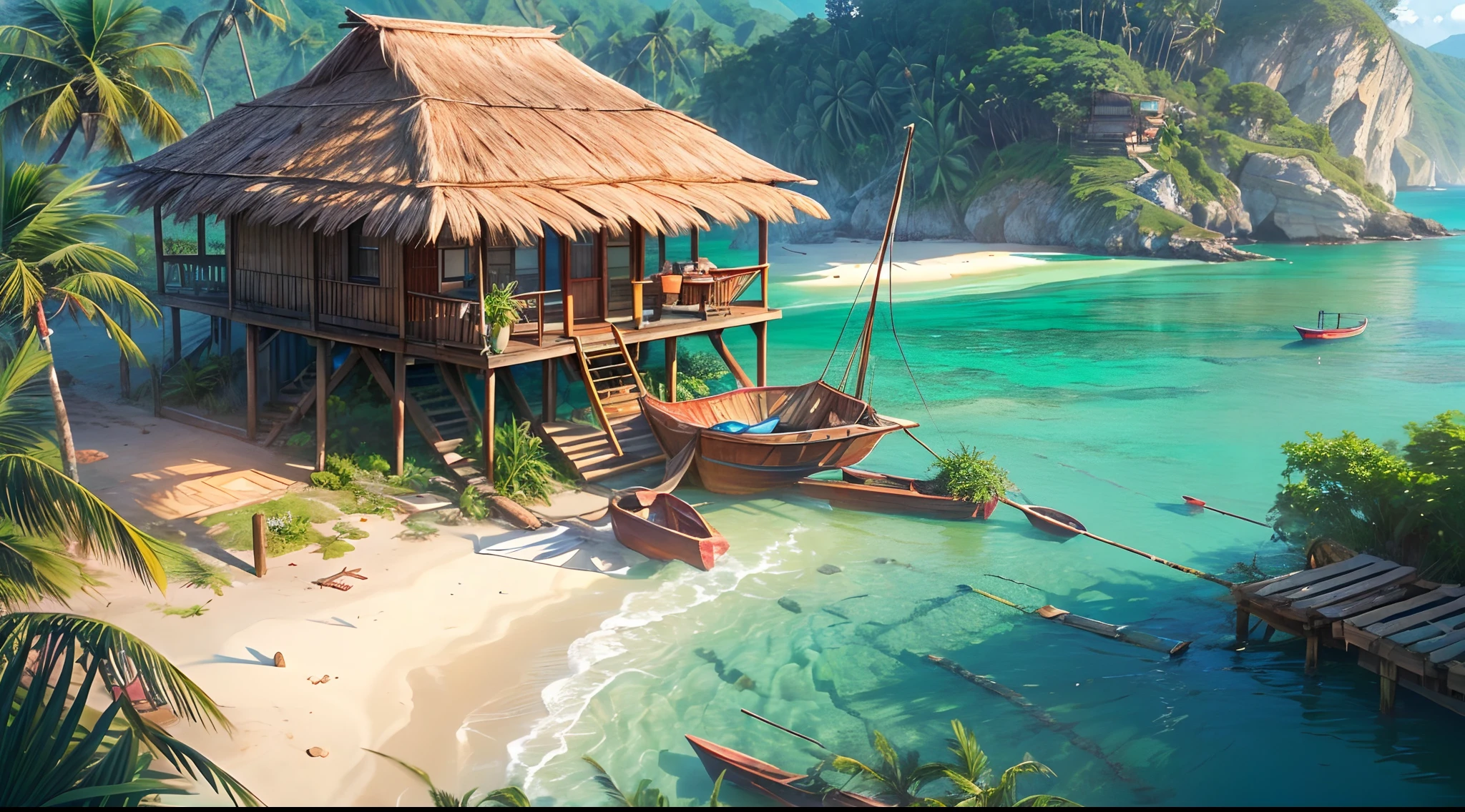 ( shot from above, best quality,ultra-detailed,realistic:1.37), HDR, vibrant colors, calm atmosphere, (deserted island:1.5), crystal clear water, lush greenery, tall palm trees, straw huts, wooden houses, fishing boats, gentle waves, blue sky, distant mountains, tropical paradise, secluded, peaceful, surreal beauty, tranquil surroundings, hidden gem.