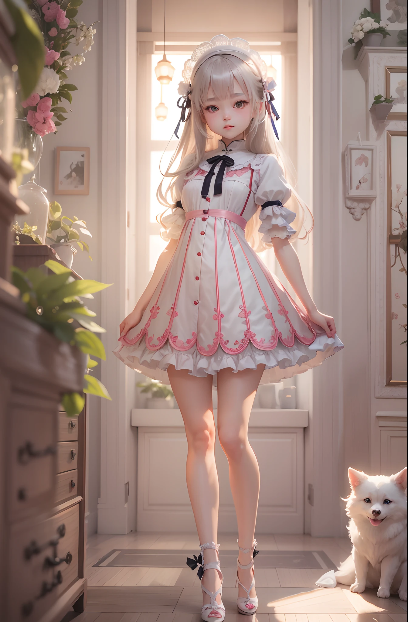 1 girl with ,Age 18 years,standing on your feet,Wearing lolismile,Feminized facial features,Straight hair,A calm posture,Porcelain-like skin,Subtle blush,a white wall,Characters shrink,fully body photo,Wear high heels(((tmasterpiece),(Very detailed CG unity 8K wallpaper),best qualtiy,,独奏,1girll,cinmatic lighting,detailed back ground,,ultra - detailed,tmasterpiece,)),ultra - detailed,offcial art,统一 8k 壁纸,2.5D thick coating,The eyes are the same size,The lower eyelids are the same size