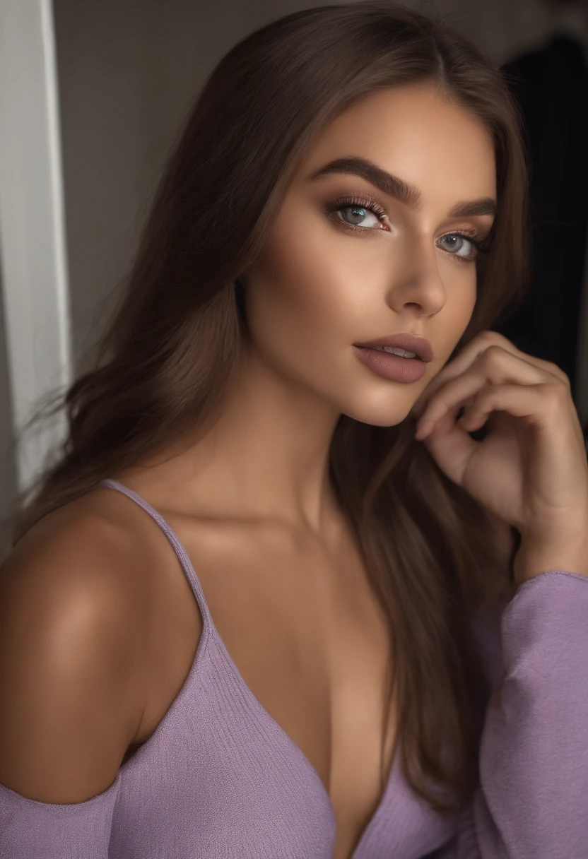 Femme arafed , Kukami garde les cheveux , fille sexy aux yeux bruns, Portrait de Kaia Gerber , cheveux bruns et grands yeux, selfie of a young woman, Yeux de chambre, Violet Myers, pas de maquillage, maquillage naturel, looking straight at camera, Visage avec Artgram, maquillage fin, Superbe plan complet, décolleté, bien en chair, , grosses cuisses , gros seins