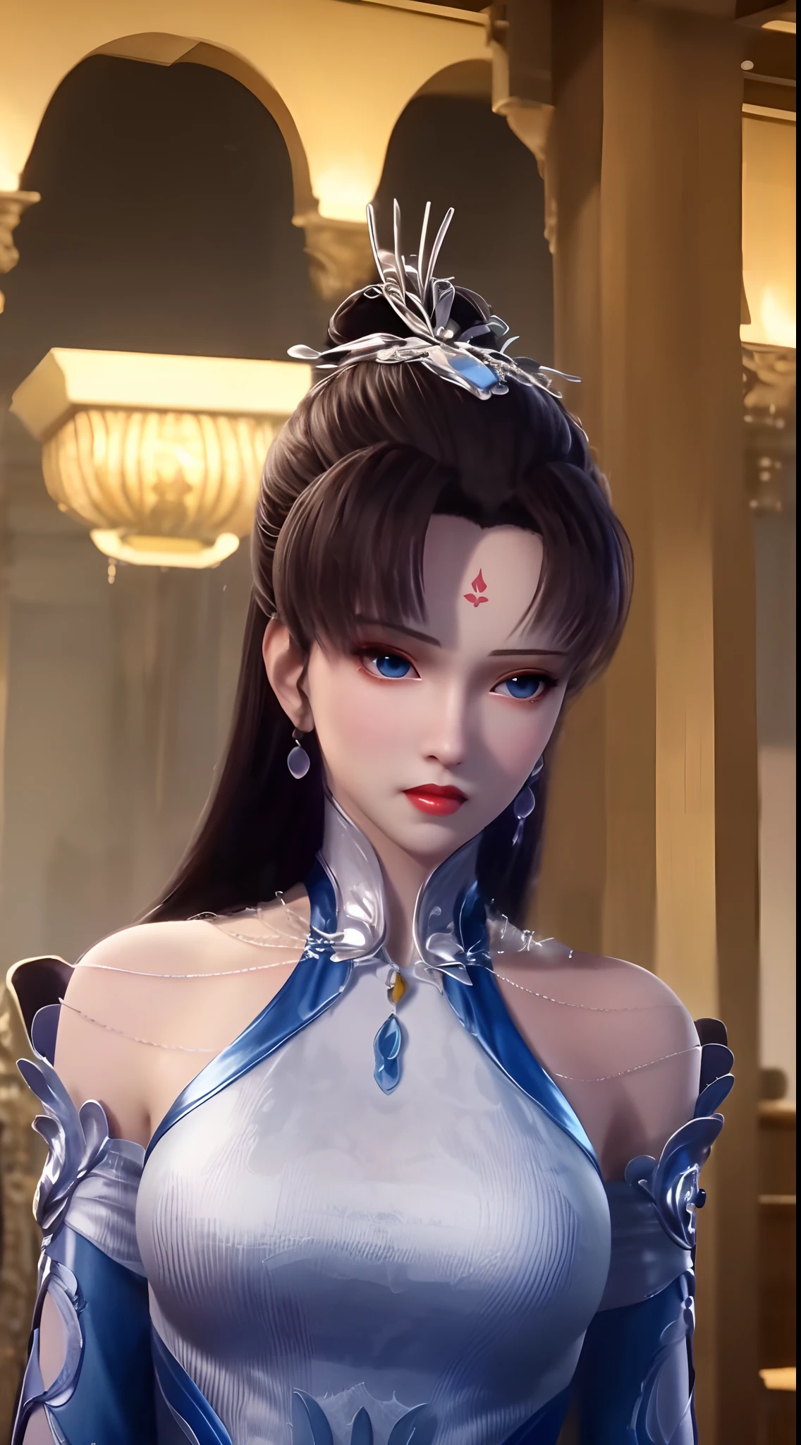 "1 beautiful girl wearing a traditional costume, a long thin light blue dress made of meticulously made silk, deep slit shirt, long hair and silver bangs with a hint of light blue, the most beautiful and detailed hair jewelry, beautiful little face thin eyebrows, the most beautiful and spotless face, ((black iris:0.8)), the very beautiful eyes, big round eyes, ((blue color eyes:1.1)), fine and detailed makeup eyelashes, high nose, wearing earrings, small red lips, rosy face, clean face, beautiful face without blemish, smooth white skin, ((big breasts: 0.9)), Blums boobs, ((big and super round breasts:0.9)), ((super tight breasts:1.2)), ((breast augmentation: 0.8)), beautiful breasts, slim and petite body, ((thin waist: 0.9)), upper body of a beautiful girl, sexy girl, skirt, lace mesh socks to match the color of the outfit, fishnet stockings color coordinated according to the outfit, pose elegantly, elegantly, and politely, 8k photo, super high quality, super realistic, 10x super pixels, photo realistic, dark studio, border light, two tone light, (detailed skin high: 1.2), 8k uhd, dslr, soft light, high quality, volumetric light, candid, Photo, high resolution, light, best photo, 4k quality, 8k, Bokeh, Smooth and sharp, pixel up 10 times, lightning, super graphics, the most realistic graphics, (((Snowy background: 1.6))), 1 girl, alone, solo, ((frontal portrait:1.5)), Extremely sharp, super realistic images."
