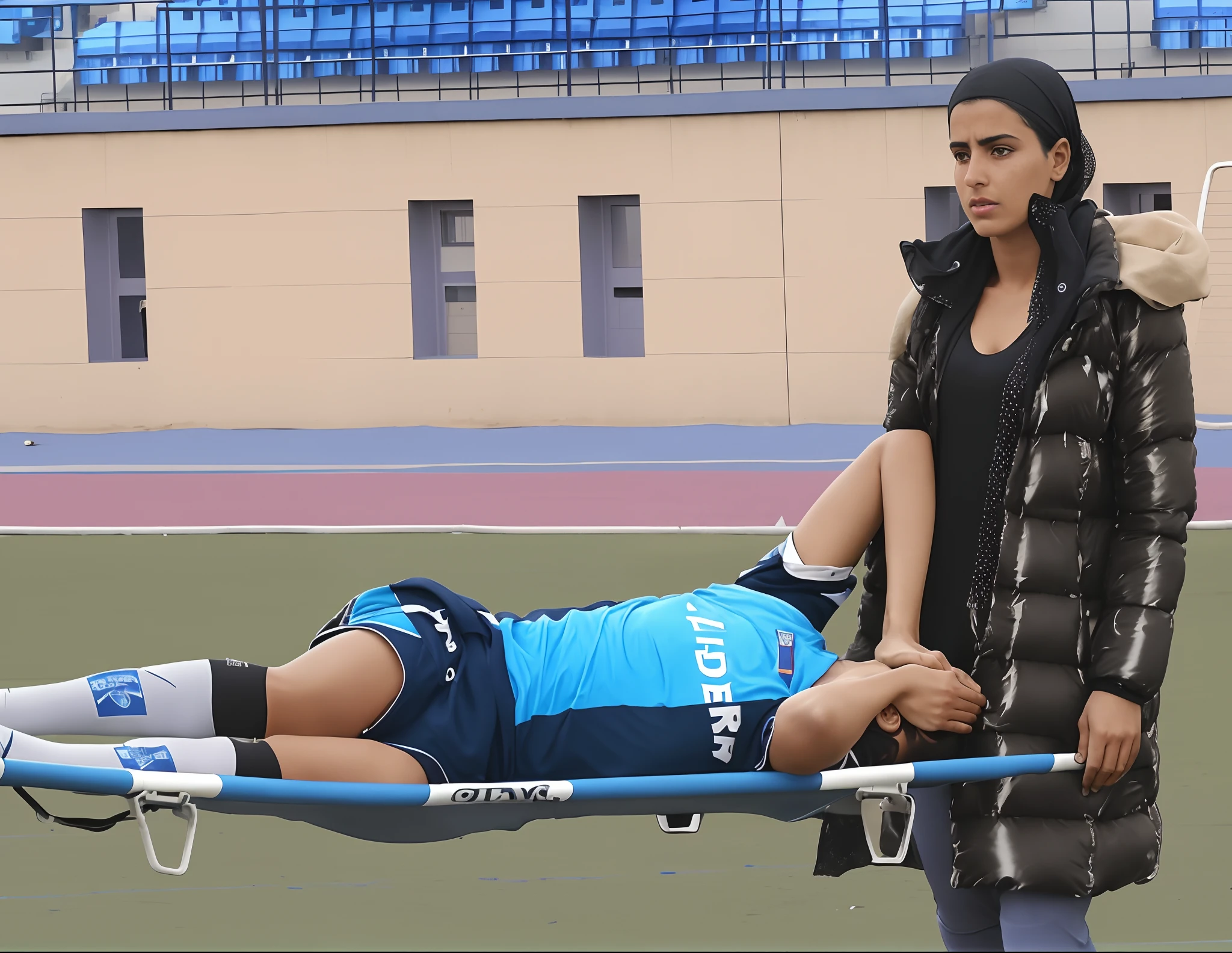 arafed man on a stretcher being carried by a woman, a soccer scene in a stadium in yemen with a dusty brown pitch, a veiled yemeni woman in a black high-gloss plastic hijab walks in front of us with an angry face and an extremely horrified and desperate expression from right to left across the dusty soccer field, the yemeni woman carries in a horizontal orientation a stretcher on which an injured footballer lies in dull and dusty blue sportswear, the footballer lies sideways on the stretcher with his legs slightly bent and his torso towards us and has both arms bent and hands in front of his face, the footballer's head on the trage lies close to the yemeni woman's plastic hijab and is concealed by the footballer's akimbo arms and hands, the footballer in the mat cotton sportswear has his hands clasped in pain in front of his face and radiates an aura of pain and sorrow, the yemeni woman in the shiny black plastic hijab carries the injured soccer player on the stretcher, which she holds before our eyes over the dusty soccer field, in the background you can see the occupied stands of the yemeni soccer stadium, a soccer game in yemen, sports injury, transport on the stretcher, yemeni woman, high-resolution photo, ultra-realistic photo, photorealistic shot, super high-resolution and sharp photo, shiny black plastic burka, best shot, impressive winning photo, realistic shot, perfect shot, injured, intense moment