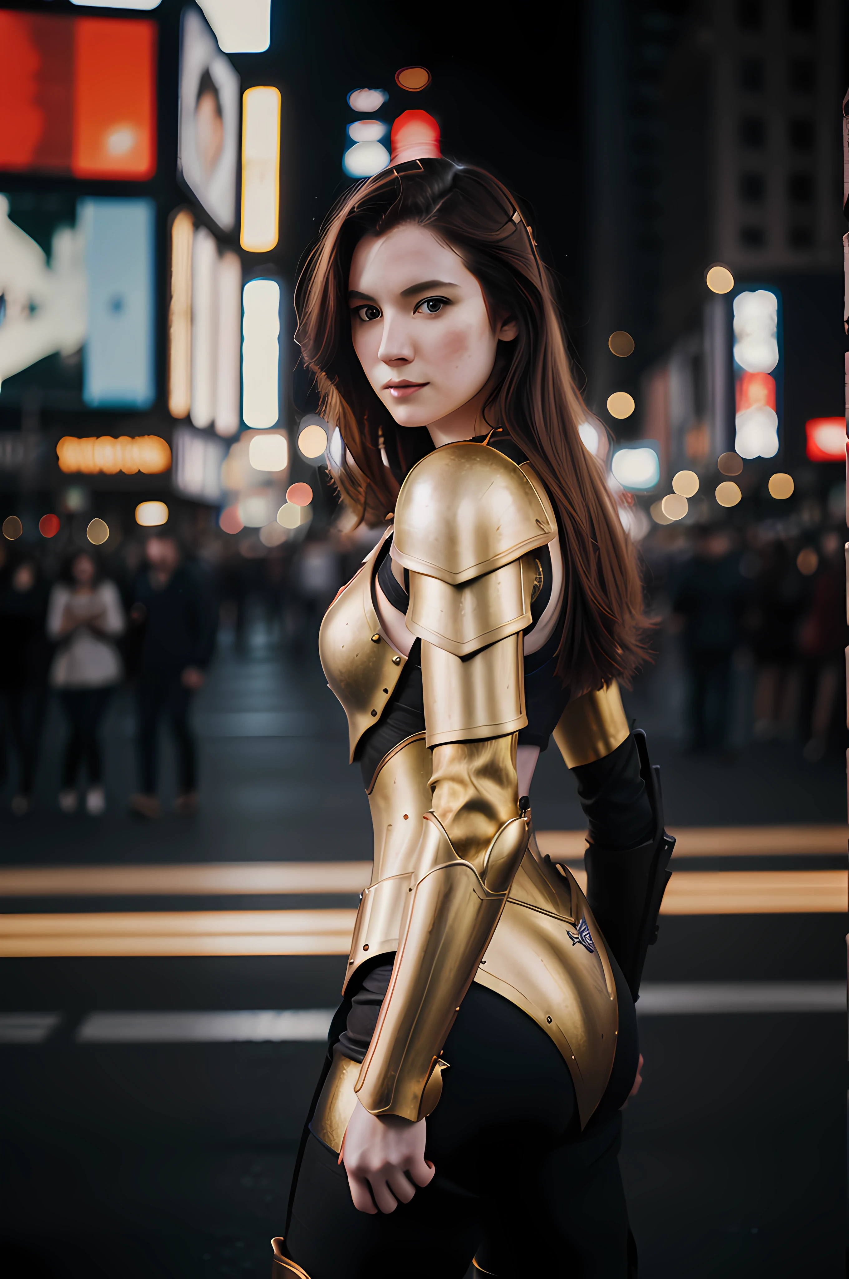 polaroid photo, night photo, photo of 24 y.o beautiful woman, pale skin, gold armor with red accent, bokeh, motion blur, sunlight, New York Times Square background