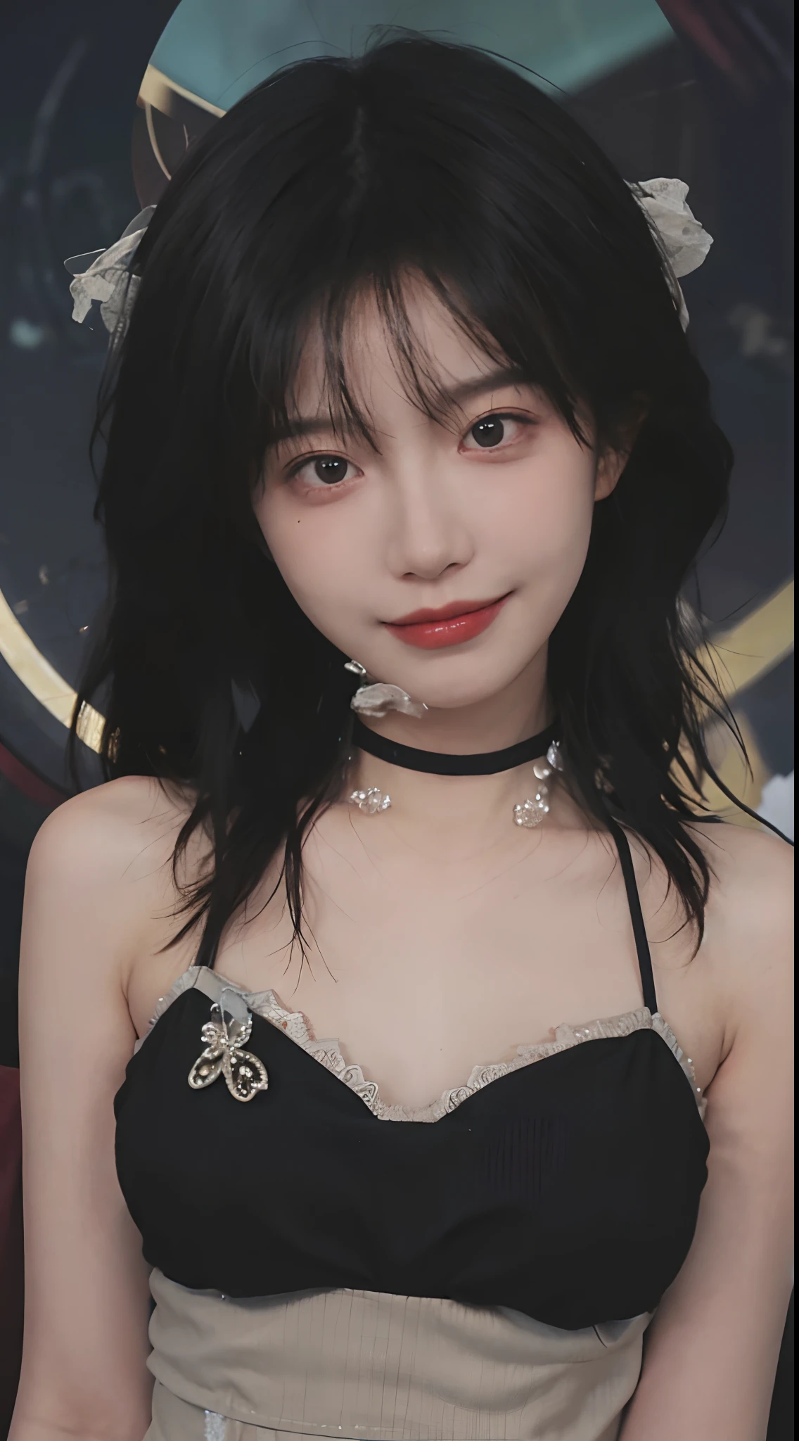 best qualtiy, 超高分辨率, (realisticlying:1.4), (tmasterpiece:1.3), (complexdetails:1.2), 1girll, 独奏, delicated, beautifuldetails, (Detailed eyes), (detailedfacialfeatures), (((mideum breasts:1.5))), skin tight, (head straight-looking at viewer), (best qualtiy:1.4), (超高分辨率:1.2), cinematric light, (Extreme detail illustration), (Gloss on lips, best qualityer, 超高分辨率, depth of fields, Caustics, Wide lighting, naturalshadow, 85mm, f/1.4, iso 200, 1/160s:0.75),1girll, 独奏, (((bralette)))ssmile, choker necklace,