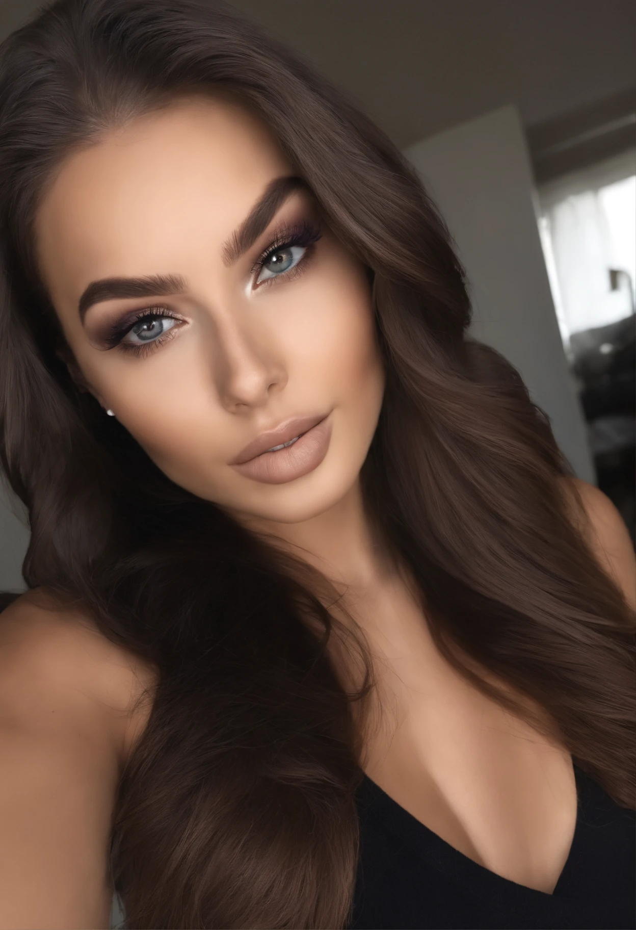 Arafed woman with black clothes, fille sexy aux yeux bruns, Portrait Sophie Mudd, cheveux bruns et grands yeux, selfie of a young woman, Yeux de chambre, Violet Myers, sans maquillage, maquillage naturel, looking straight at camera, Visage avec Artgram, Maquillage subtil, Superbe photo du corps entier, dans la chambre, clivage