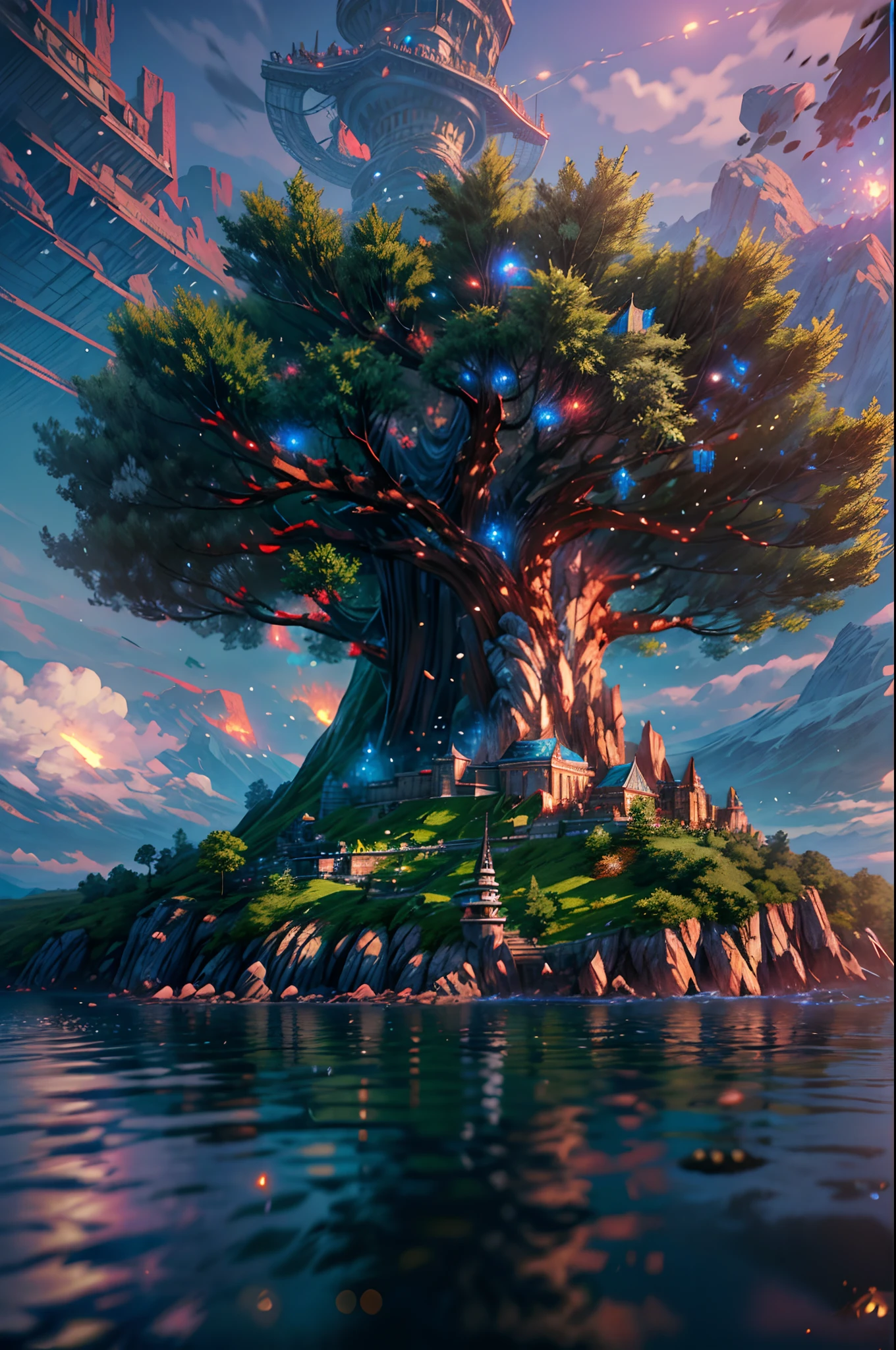 100 mm shot, cinematic shot, award winning CGI, perfect angle,

(island Yggdrasil tree, middle of the ocean, celebration, firework, fantasy, surreal, epic fantasy, dreamland),

(detailed, finest detailed, ultra detailed, intricate),

vibrant color, volumetric lighting, depth of field, hard shadow, reflection, sharp focus,

3D render, unreal engine, HD, UHD, 64K, masterpiece, professional work.