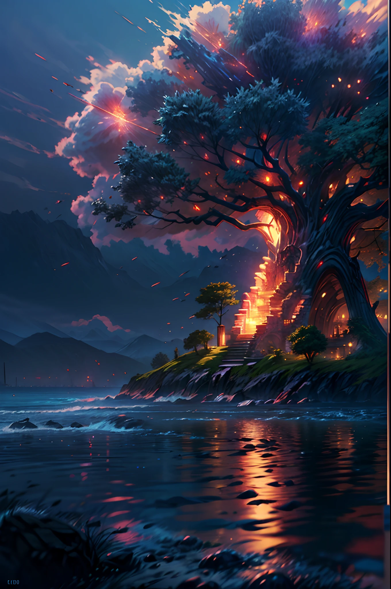 100 mm shot, cinematic shot, award winning CGI, perfect angle,

(island Yggdrasil tree, middle of the ocean, celebration, firework, fantasy, surreal, epic fantasy, dreamland),

(detailed, finest detailed, ultra detailed, intricate),

vibrant color, volumetric lighting, depth of field, hard shadow, reflection, sharp focus,

3D render, unreal engine, HD, UHD, 64K, masterpiece, professional work.