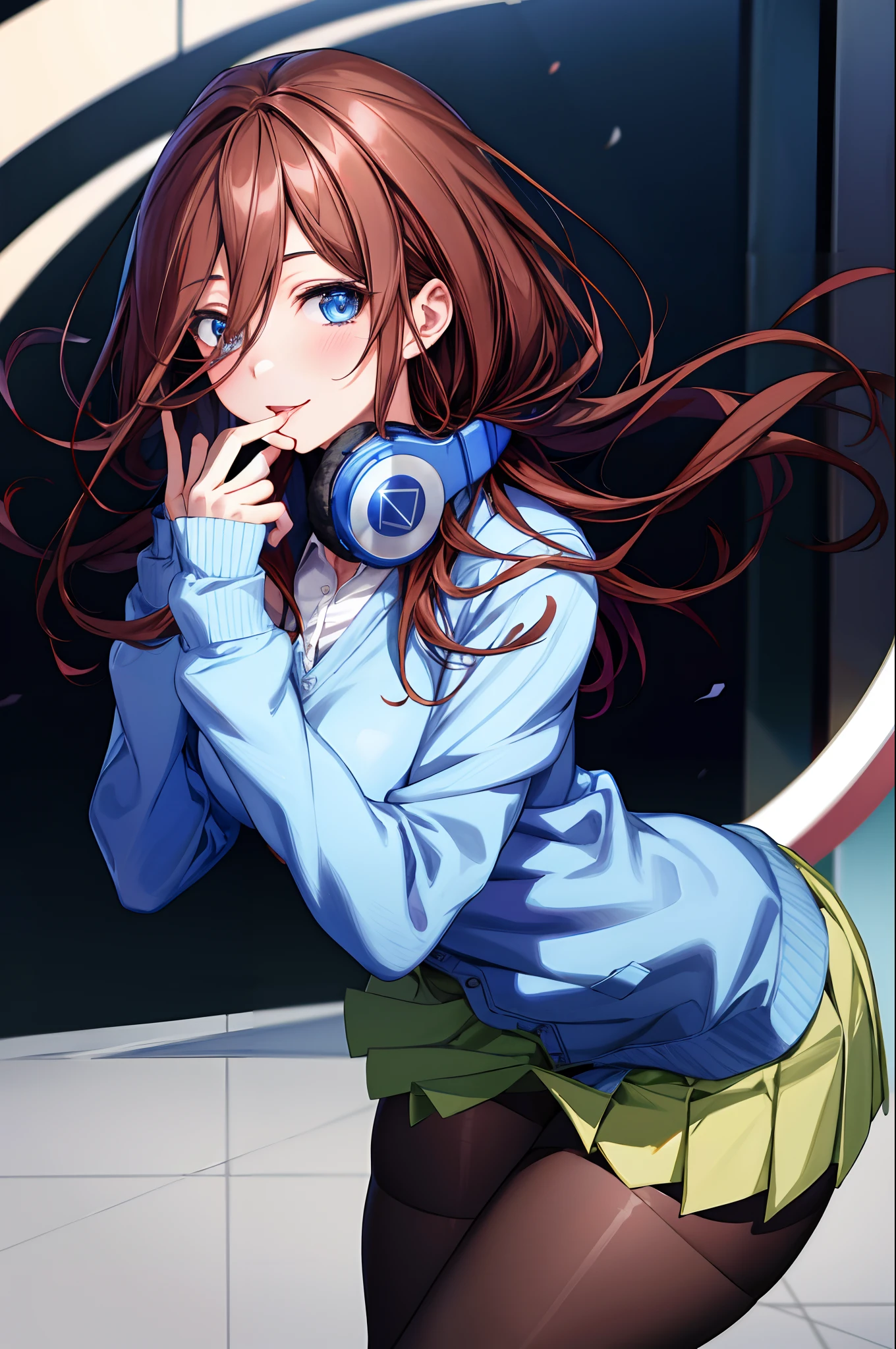 absurdres, best quality, 1girl, solo, eye focus, looking at viewer, Miku, Blue Cardigan, brown hair