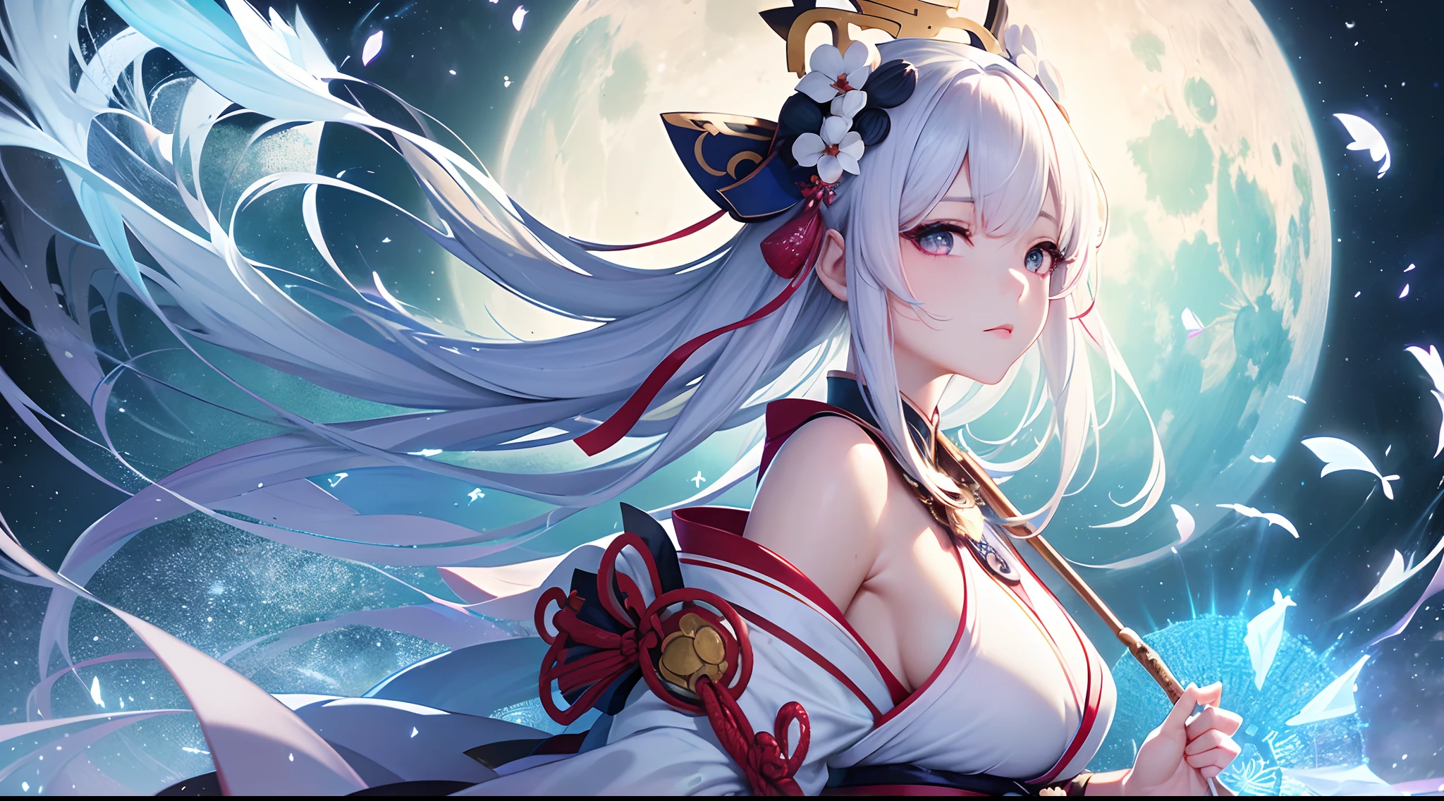 (Kimono girl with a fan, Palace, A girl in Hanfu, Onmyoji detailed works, Soft anime illustration, Popular on ArtStation and Pixiv, onmyoji, Clean and complex anime art, White-haired deity, Digital art on Pixiv, Cute anime fat girl in beautiful clothes, Portrait of Onmyoji, komono)，(Best quality, 4K, 8K, A high resolution, Masterpiece:1.2), Ultra-detailed, (Realistic, Photorealistic, photo-realistic:1.37), hdr, hyper HD, Studio lighting, Ultra-fine painting, Sharp focus, Physically-based rendering, Extreme detail description, professional, Vivid colors, Bokeh, sportrait, anime big , Vibrant colors, Soft lighting(Best quality,4K,8K,A high resolution,Masterpiece:1.2),Ultra-detailed,(Realistic,Photorealistic,photo-realistic:1.37),Anime girl standing in bamboo forest in white dress, Pifi Race Champion, Starlight Fairy, aquatic creature, lunar goddess, From Arknights, ethereal anime, Digital art on Piffey, Created by Yuumei, astral ethereal, Beautiful Sky Witch, Pifi, nightcore, Fantasy anime illustration, lunar goddess, [[fantasy]], Piffey style