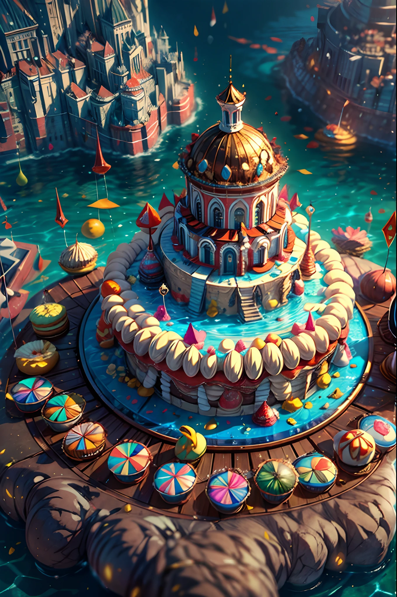 100 mm lens, cinematic shot, award winning cgi, perfect angle,

{island full of sweets and cakes, middle of the ocean, celebration, firework, fantasy, surreal, epic fantasy, dreamland},

(detailed, finest detailed, ultra detailed, intricate),

vibrant color, volumetric lighting, depth of field, hard shadow, reflection, sharp focus,

3D render, unreal engine, HD, UHD, 64K, masterpiece, professional work.