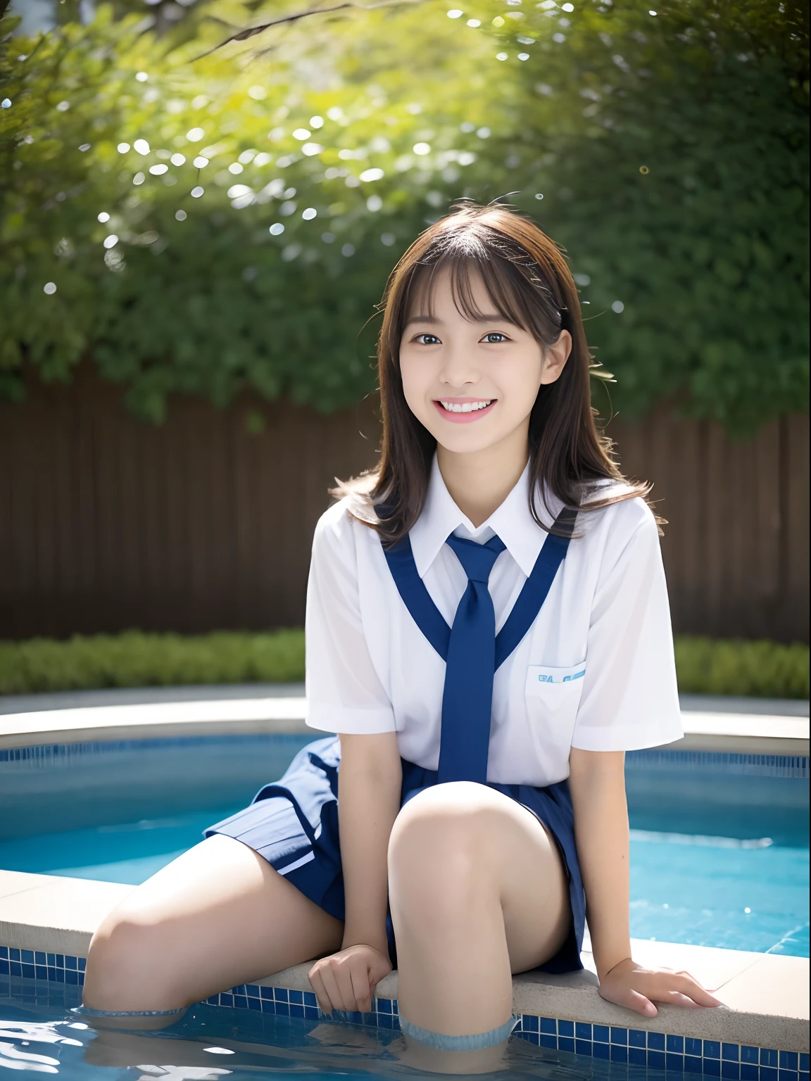 2 girls, ((uniform)), light smile, sitting, outdoor, pool,