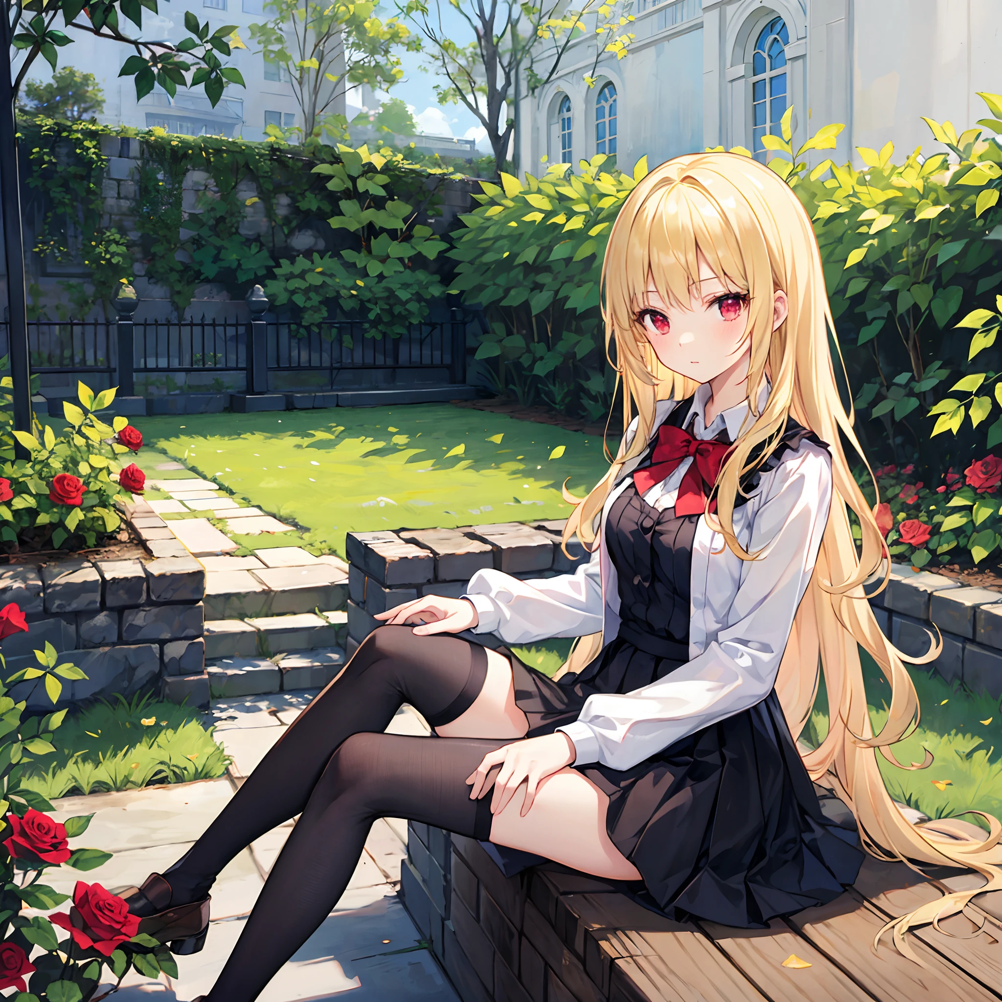 Wavy blonde、red eyes、Beautiful girl alone、a miniskirt、Black tights、flower field、Sitting on a chair、