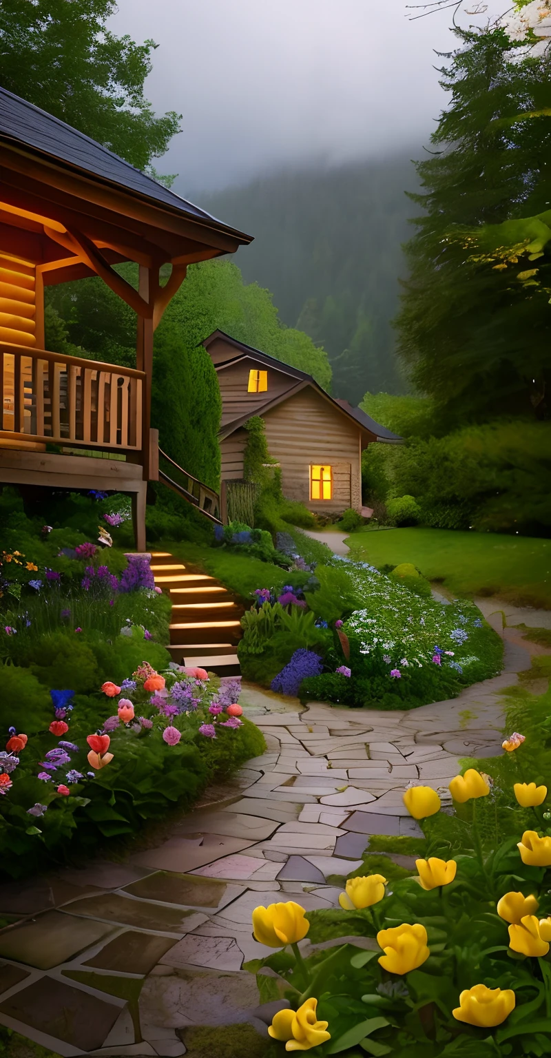 There are many flowers in the garden next to the wooden house, beautiful house on a forest path, Lush outdoor flowers, Beautiful garden, lush garden in the background, amidst of nature fully covered, soothing and cozy landscape, peaceful wooden mansion, Home and garden, flowers garden, beautiful eden garden, stunning nature in background, beatiful house, wooden cabin, wooden cabin