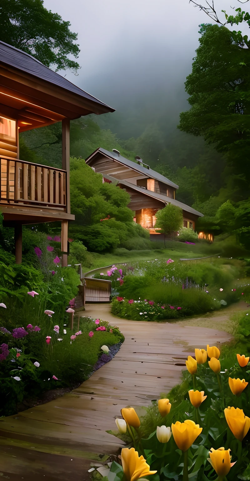 There are many flowers in the garden next to the wooden house, beautiful house on a forest path, Lush outdoor flowers, Beautiful garden, lush garden in the background, amidst of nature fully covered, soothing and cozy landscape, peaceful wooden mansion, Home and garden, flowers garden, beautiful eden garden, stunning nature in background, beatiful house, wooden cabin, wooden cabin